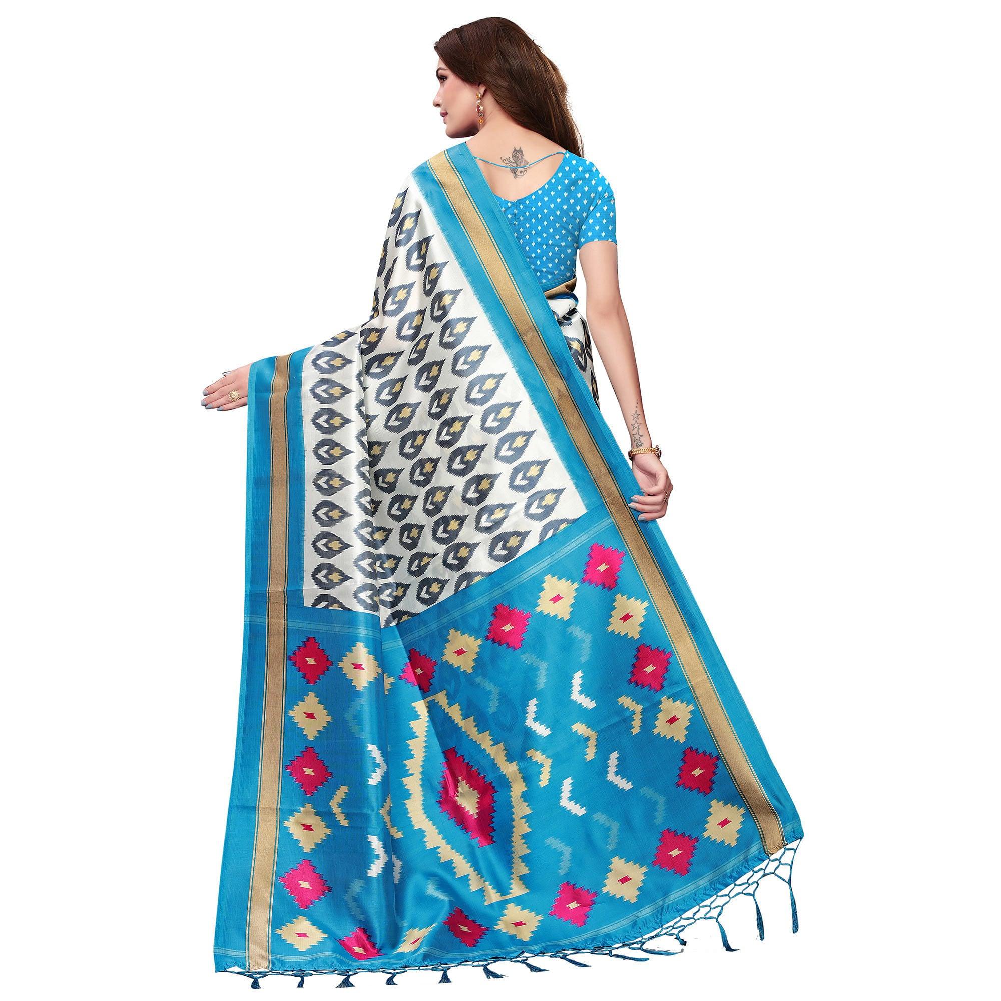 Preferable White-Sky Blue Colored Festive Wear Mysore Silk Saree With Tassels - Peachmode