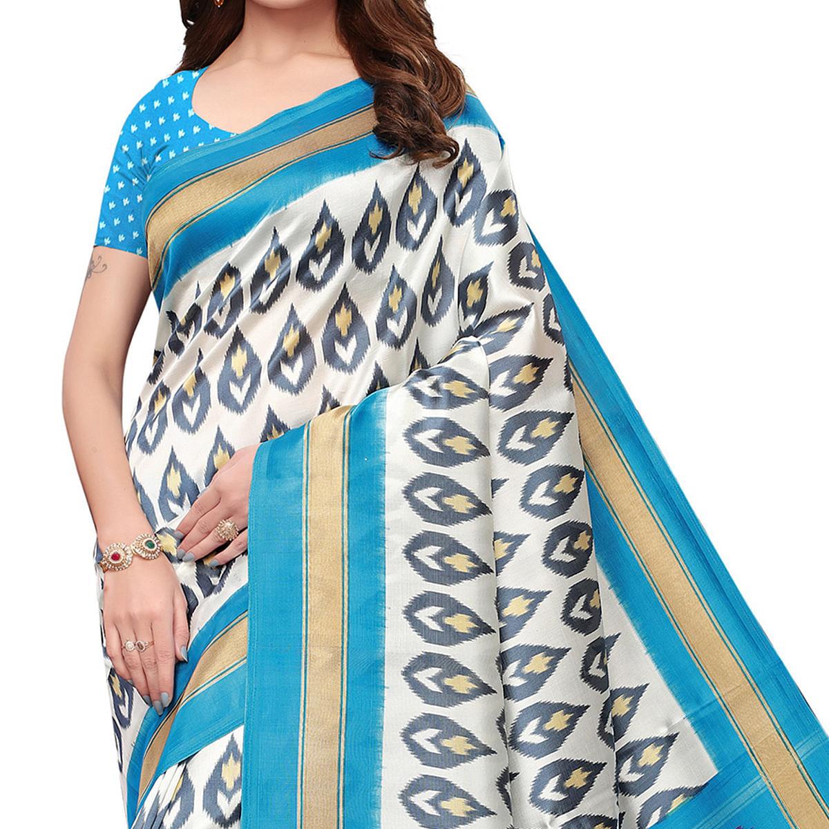 Preferable White-Sky Blue Colored Festive Wear Mysore Silk Saree With Tassels - Peachmode