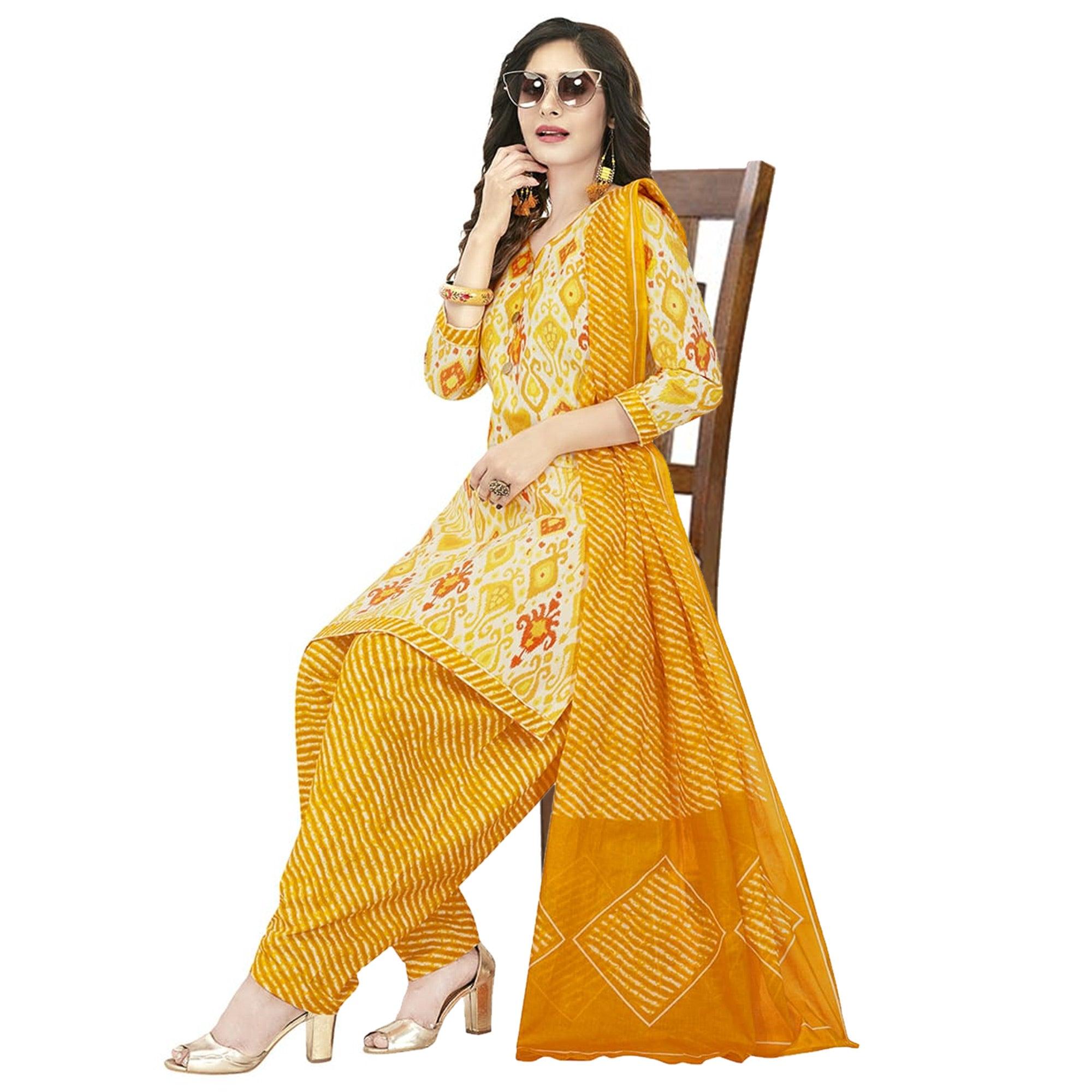 Preferable Yellow Colored Casual Wear Printed Crepe Patiala Dress Material - Peachmode
