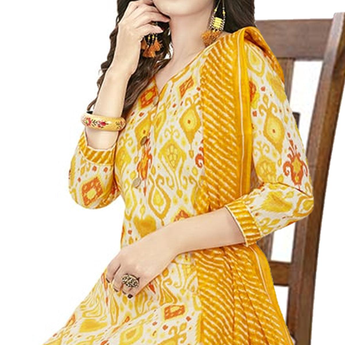 Preferable Yellow Colored Casual Wear Printed Crepe Patiala Dress Material - Peachmode