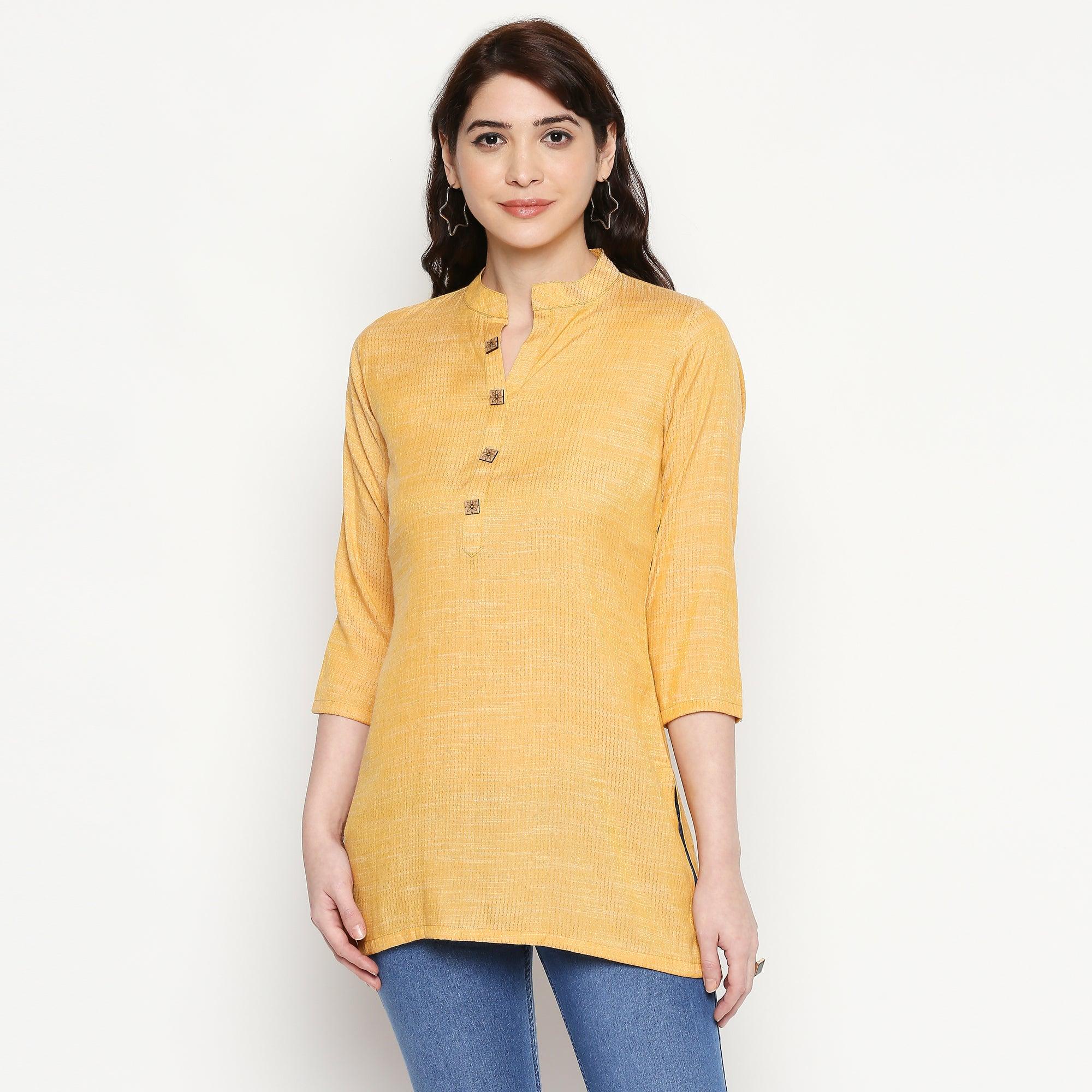 Preferable Yellow Colored Casual Wear Solid Cotton Western Top - Peachmode