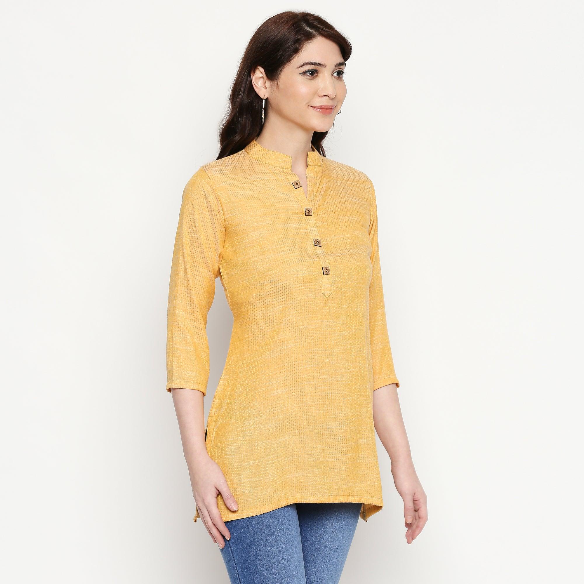 Preferable Yellow Colored Casual Wear Solid Cotton Western Top - Peachmode
