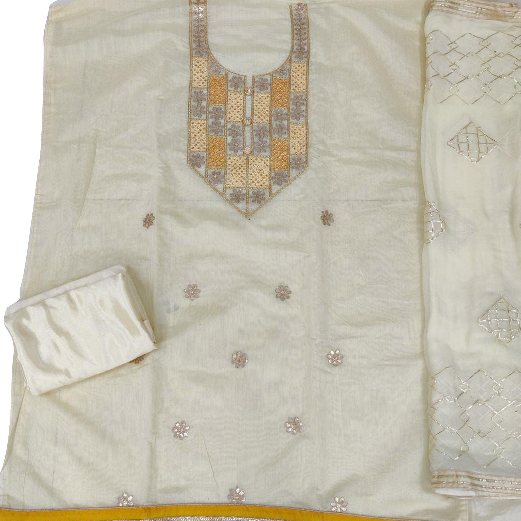 Preferable Yellow Colored Festive Wear Embroidered Heavy Modal Silk Dress Material - Peachmode