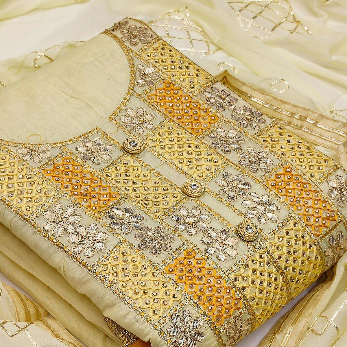 Preferable Yellow Colored Festive Wear Embroidered Heavy Modal Silk Dress Material - Peachmode