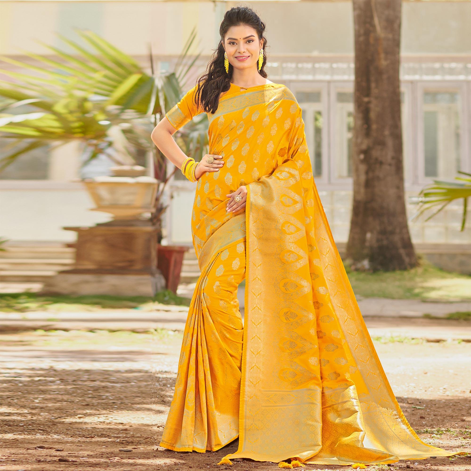 Preferable Yellow Colored Festive Wear Woven Silk Saree - Peachmode