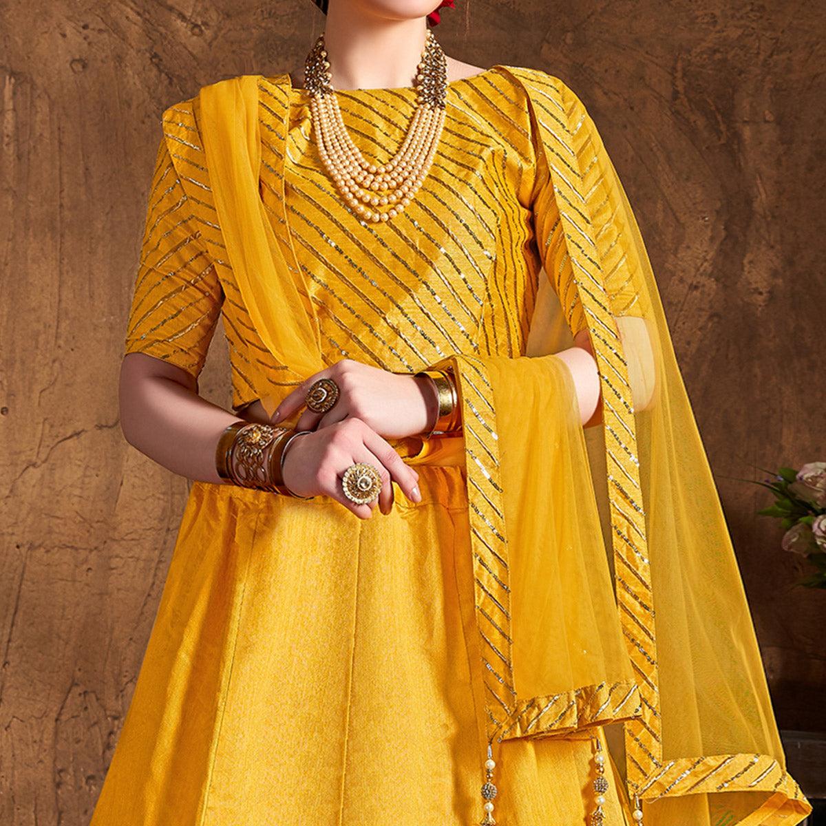 Preferable Yellow Colored Partywear Embroidered Banglori Silk Lehenga - Peachmode
