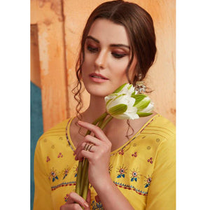Preferable Yellow Colored Partywear Embroidered Pure Muslin-Silk Kurti-Palazzo Set - Peachmode