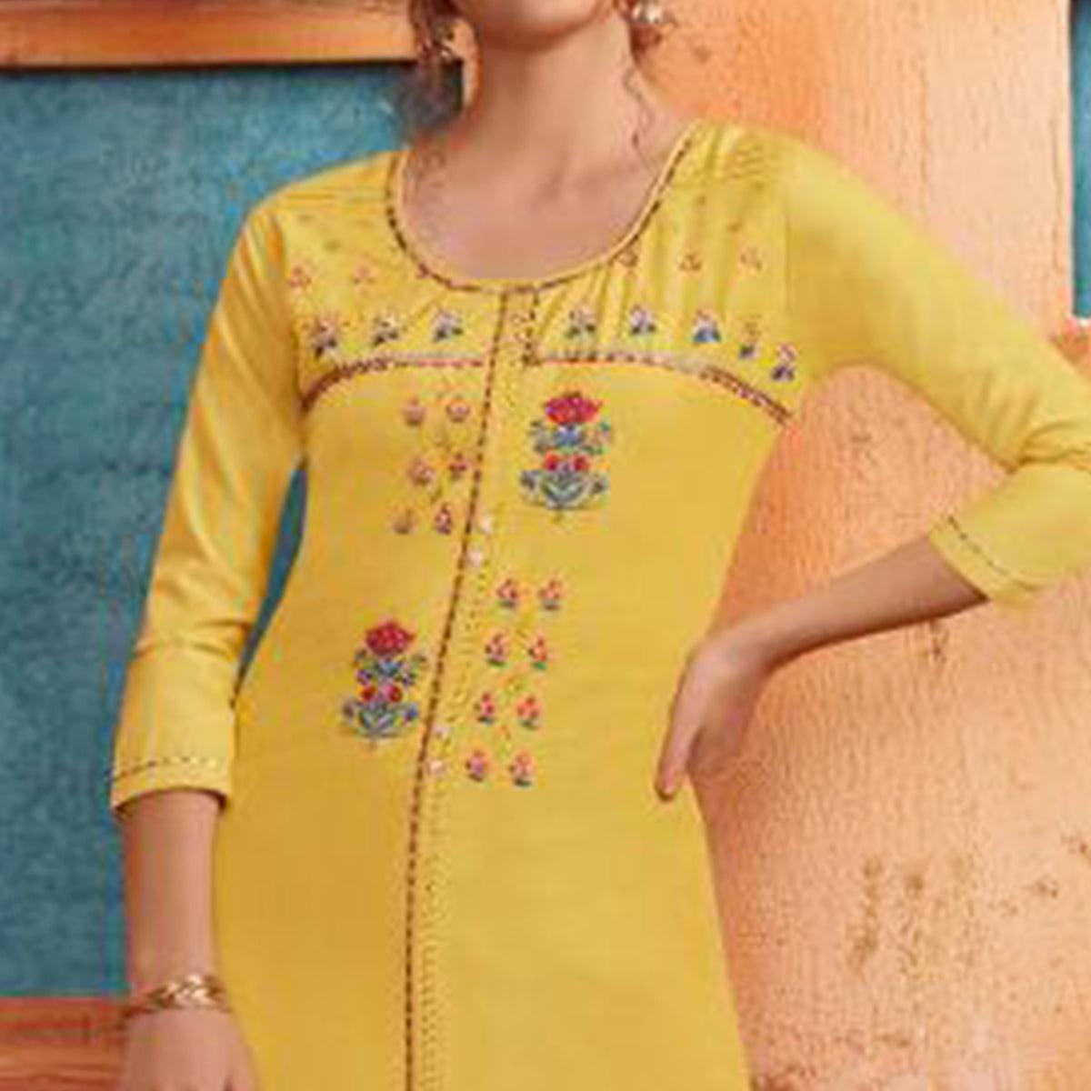 Preferable Yellow Colored Partywear Embroidered Pure Muslin-Silk Kurti-Palazzo Set - Peachmode