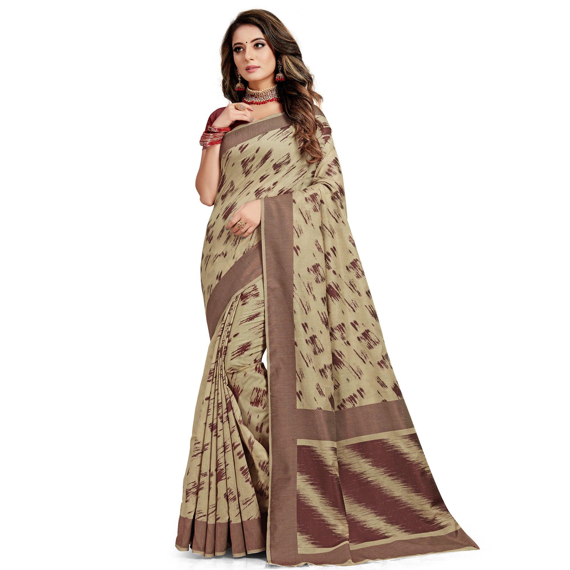Pretty Beige Colored Casual Wear Printed Cotton Handloom Saree - Peachmode