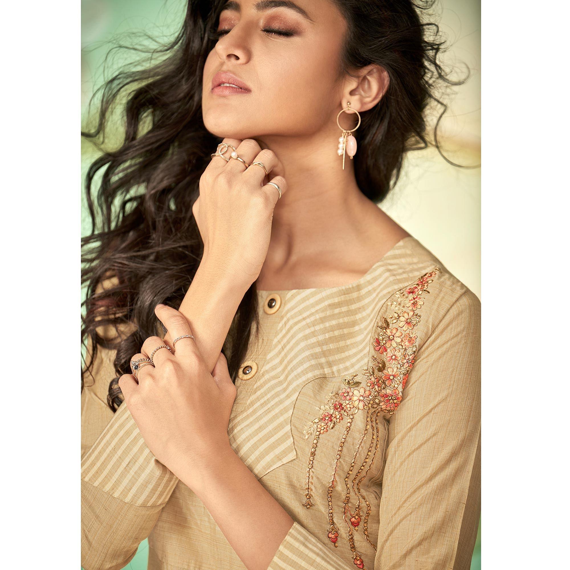 Pretty Beige Colored Party Wear Embroidered Cotton Silk Kurti-Pant Set - Peachmode
