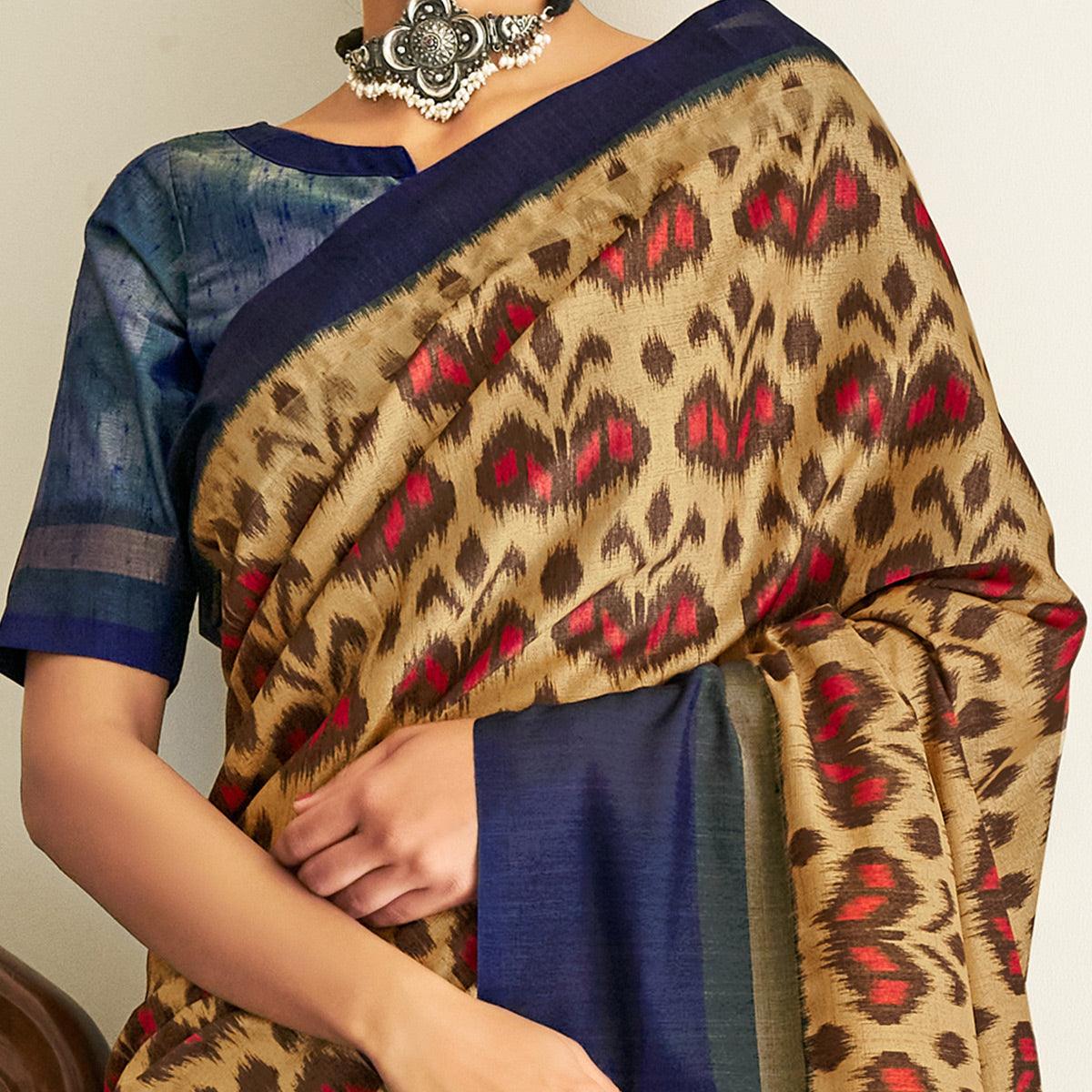 Pretty Beige Coloured Partywear Woven Silk Saree - Peachmode