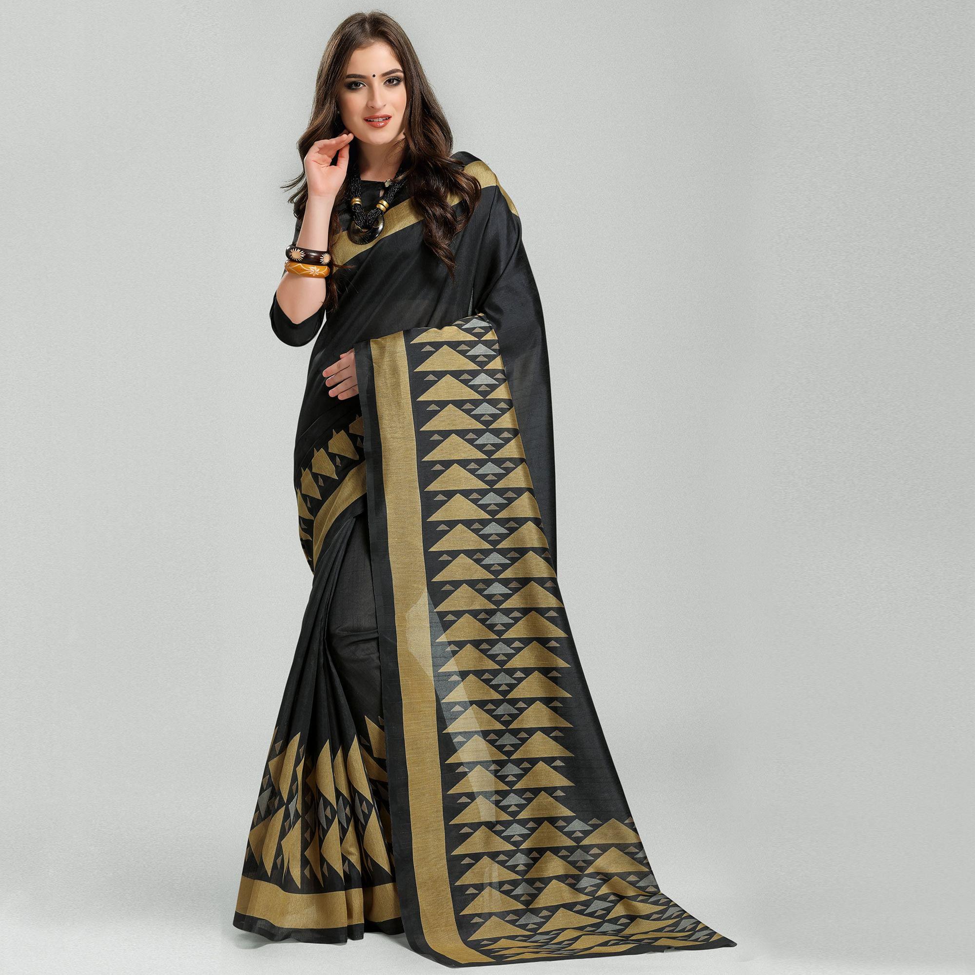 Pretty Black Colored Casual Printed Bhagalpuri Silk Saree - Peachmode