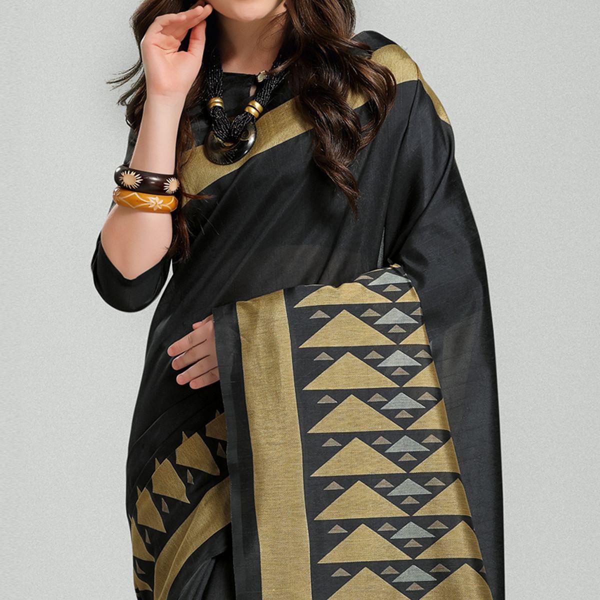 Pretty Black Colored Casual Printed Bhagalpuri Silk Saree - Peachmode