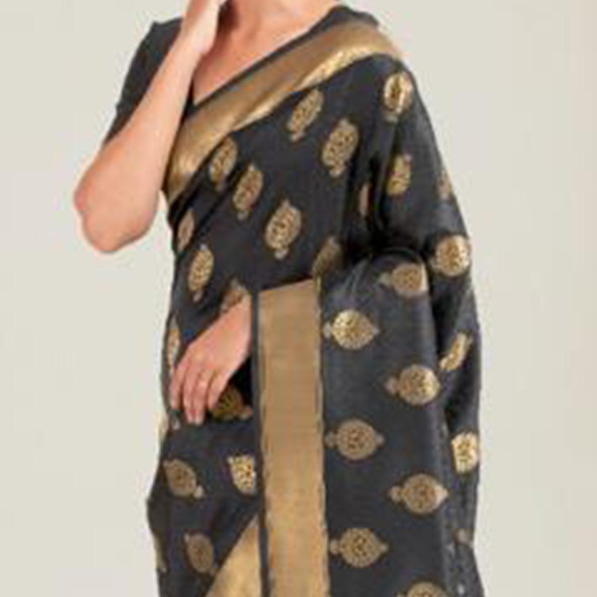 Pretty Black Coloured Festive Wear Handloom Woven Silk Saree - Peachmode
