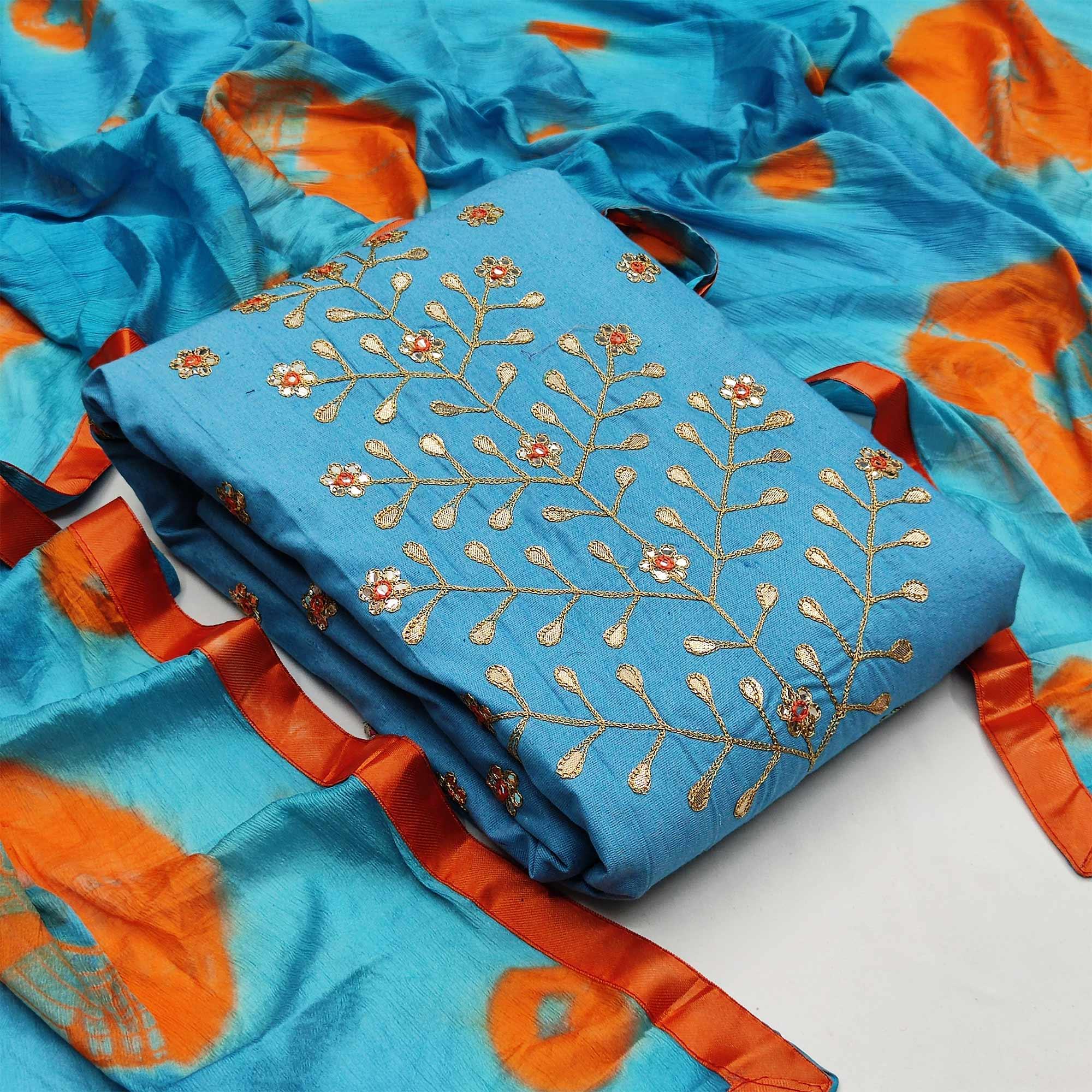 Pretty Blue Colored Festive Wear Embroidered Handloom Cotton Dress Material - Peachmode