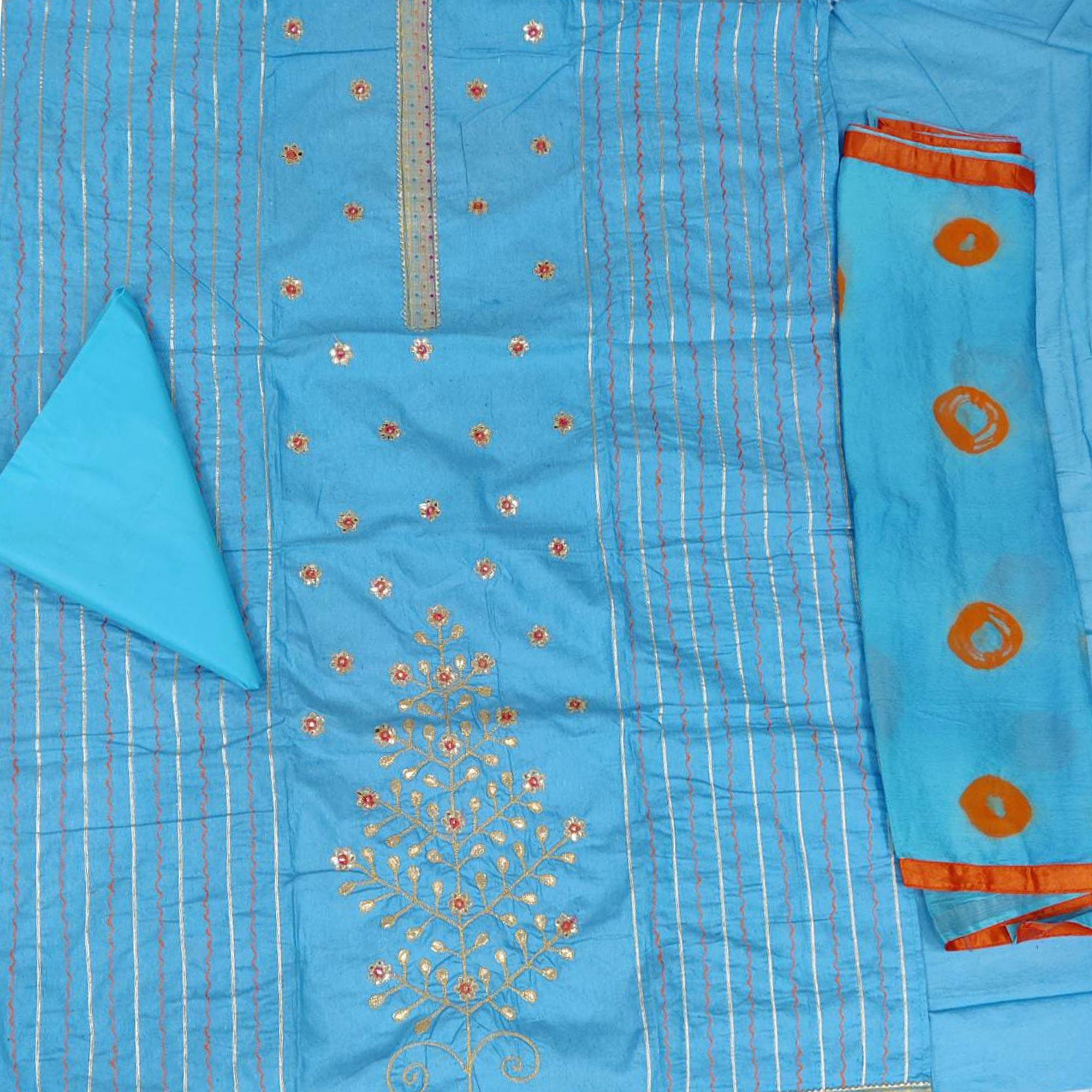 Pretty Blue Colored Festive Wear Embroidered Handloom Cotton Dress Material - Peachmode
