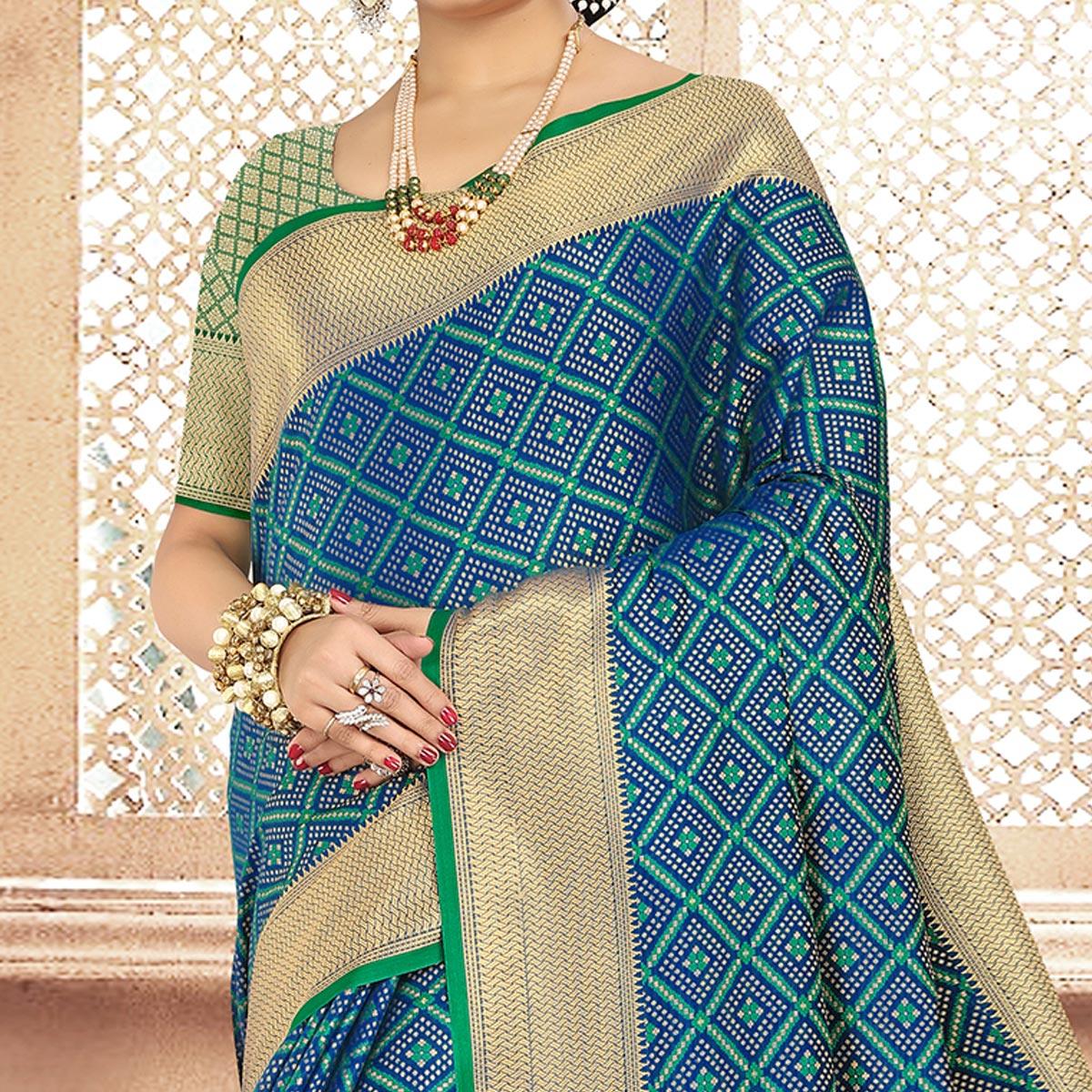 Pretty Blue Colored Festive Wear Woven Banarasi Silk Saree - Peachmode