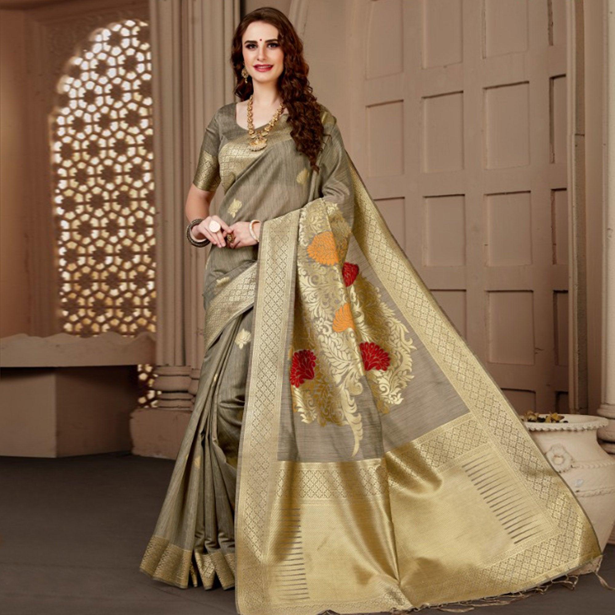 Pretty Chiku Colored Festive Wear Woven Art Silk Saree - Peachmode