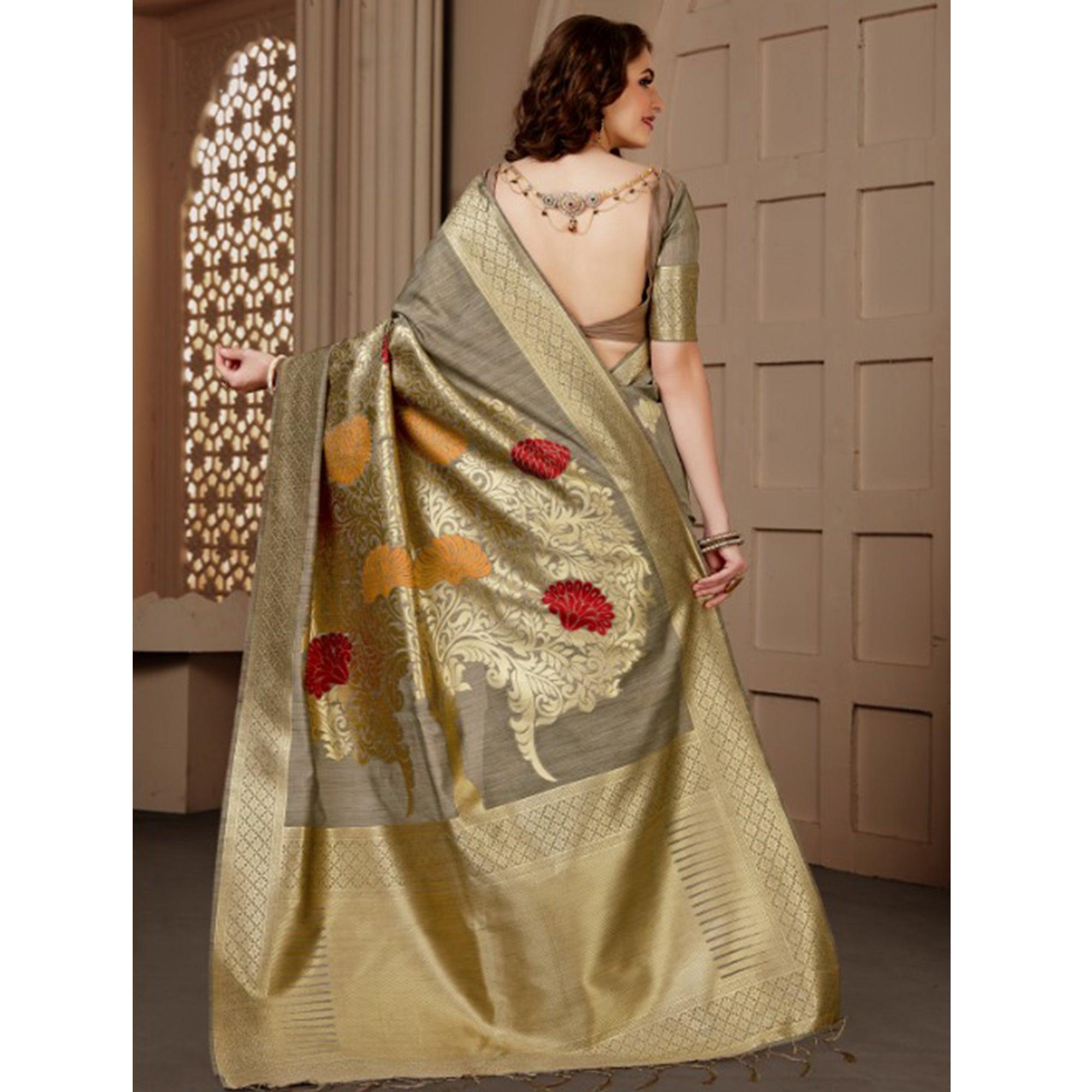 Pretty Chiku Colored Festive Wear Woven Art Silk Saree - Peachmode