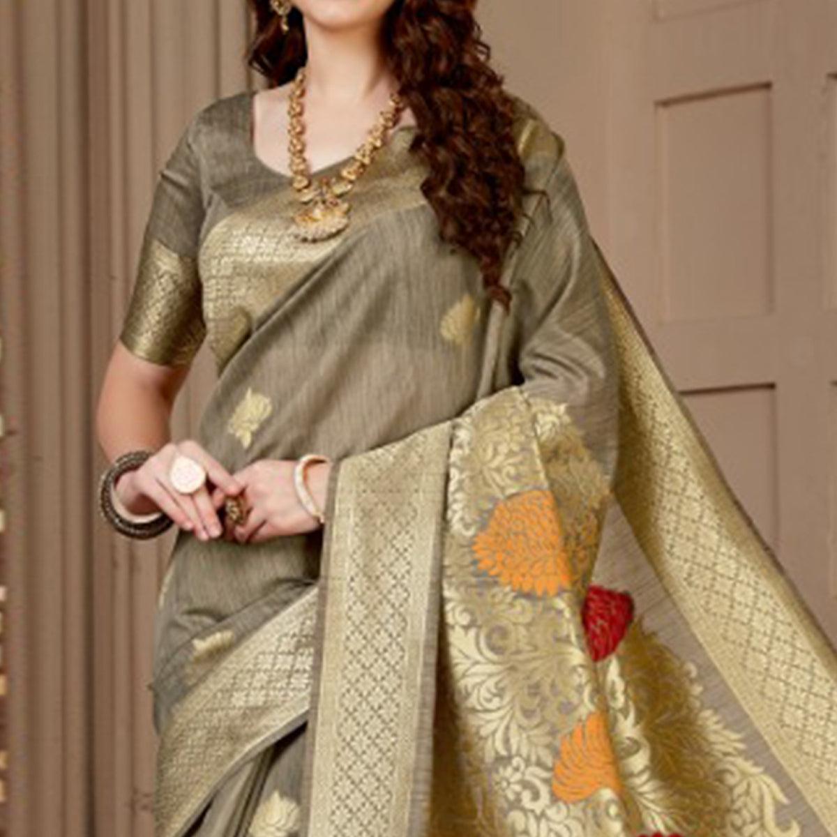 Pretty Chiku Colored Festive Wear Woven Art Silk Saree - Peachmode
