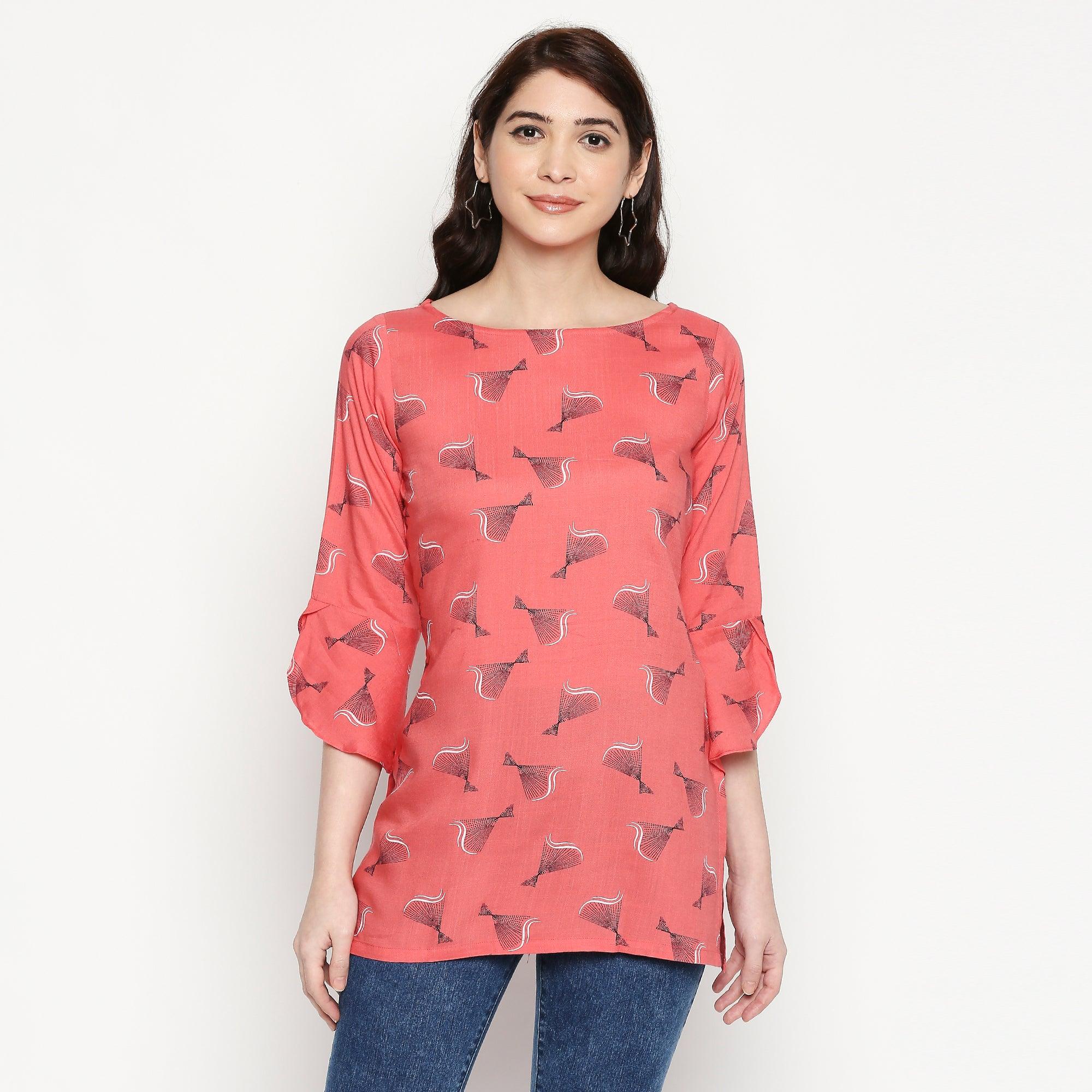 Pretty Coral Red Colored Casual Wear Printed Cotton Western Top - Peachmode