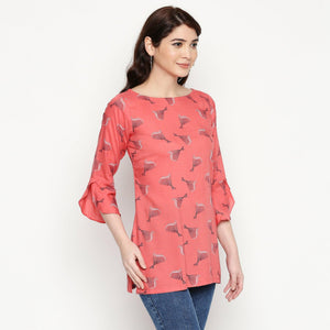 Pretty Coral Red Colored Casual Wear Printed Cotton Western Top - Peachmode