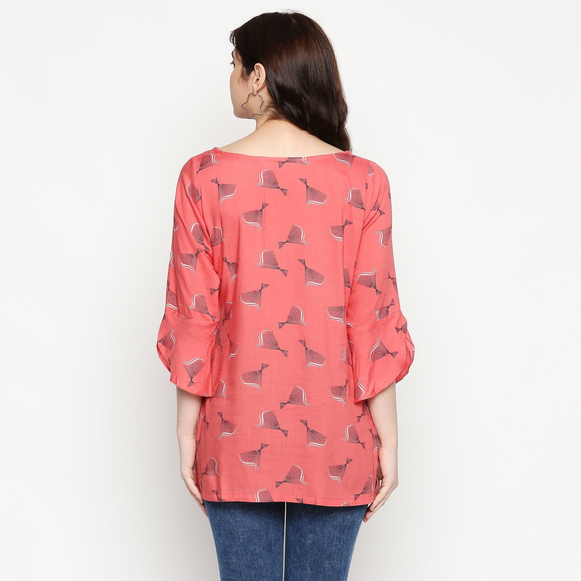 Pretty Coral Red Colored Casual Wear Printed Cotton Western Top - Peachmode