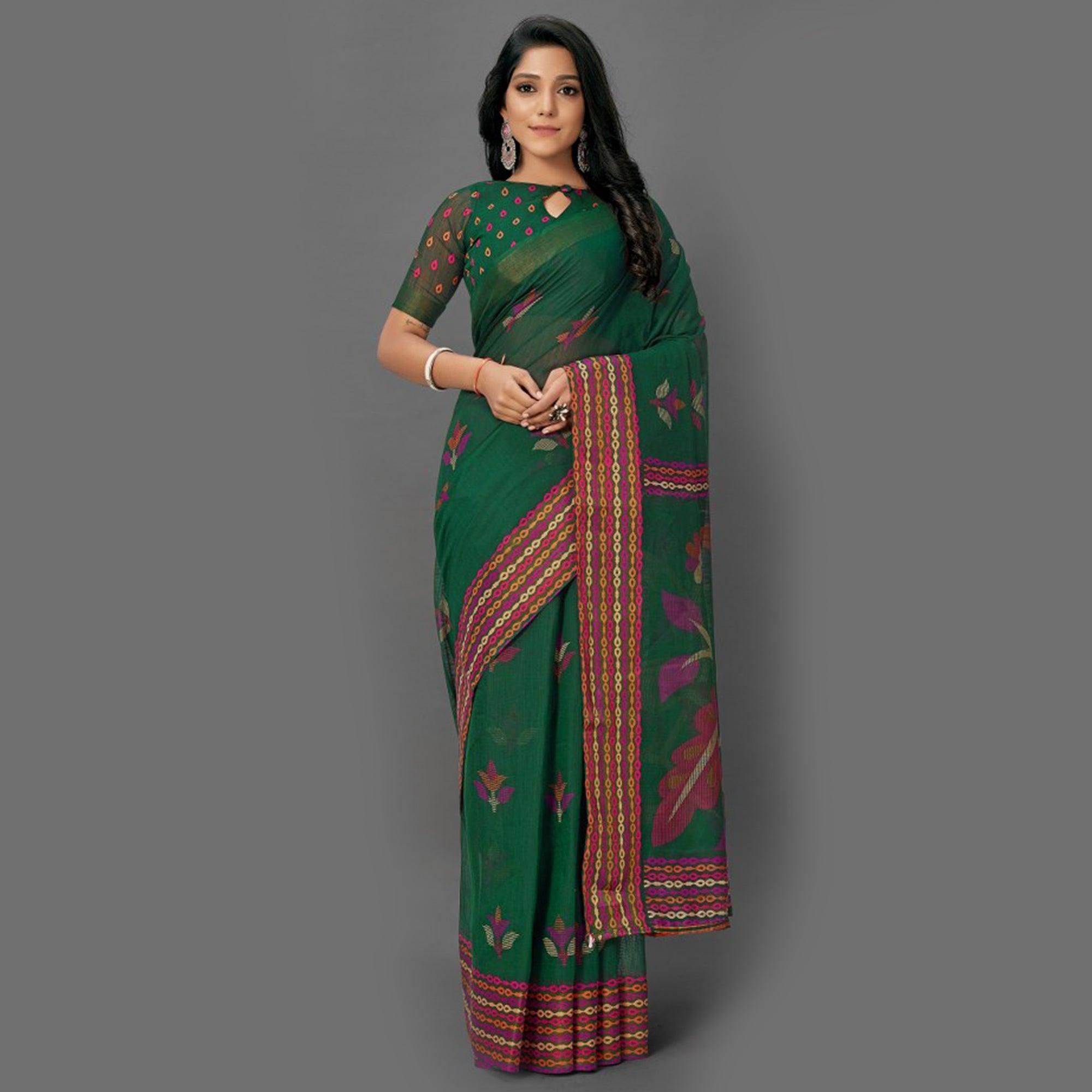 Pretty Dark Green Colored Casual Wear Printed Cotton Saree - Peachmode