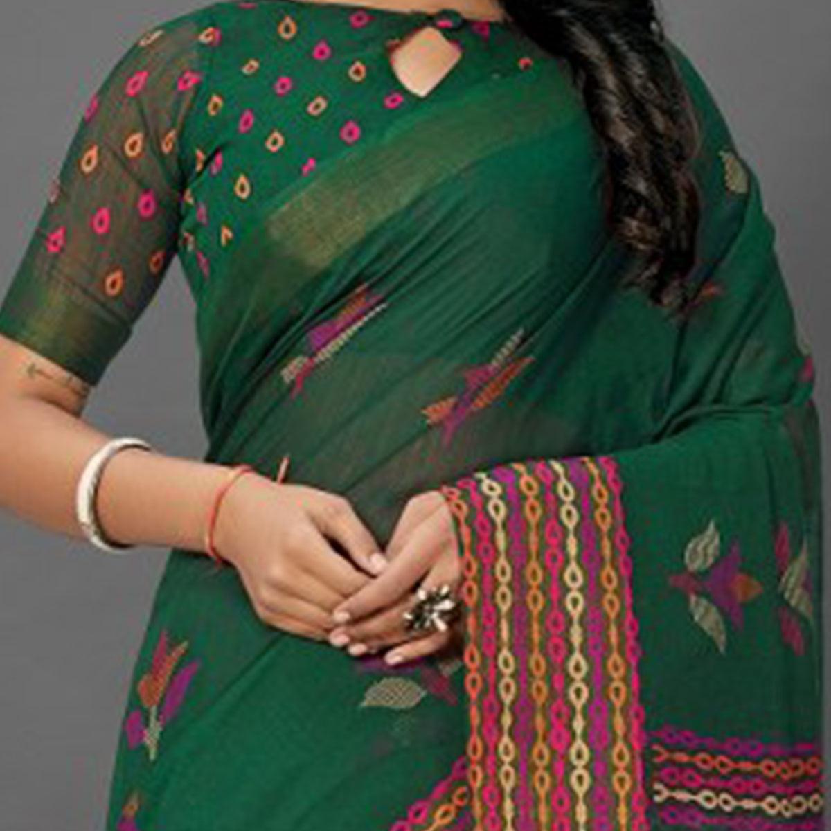 Pretty Dark Green Colored Casual Wear Printed Cotton Saree - Peachmode