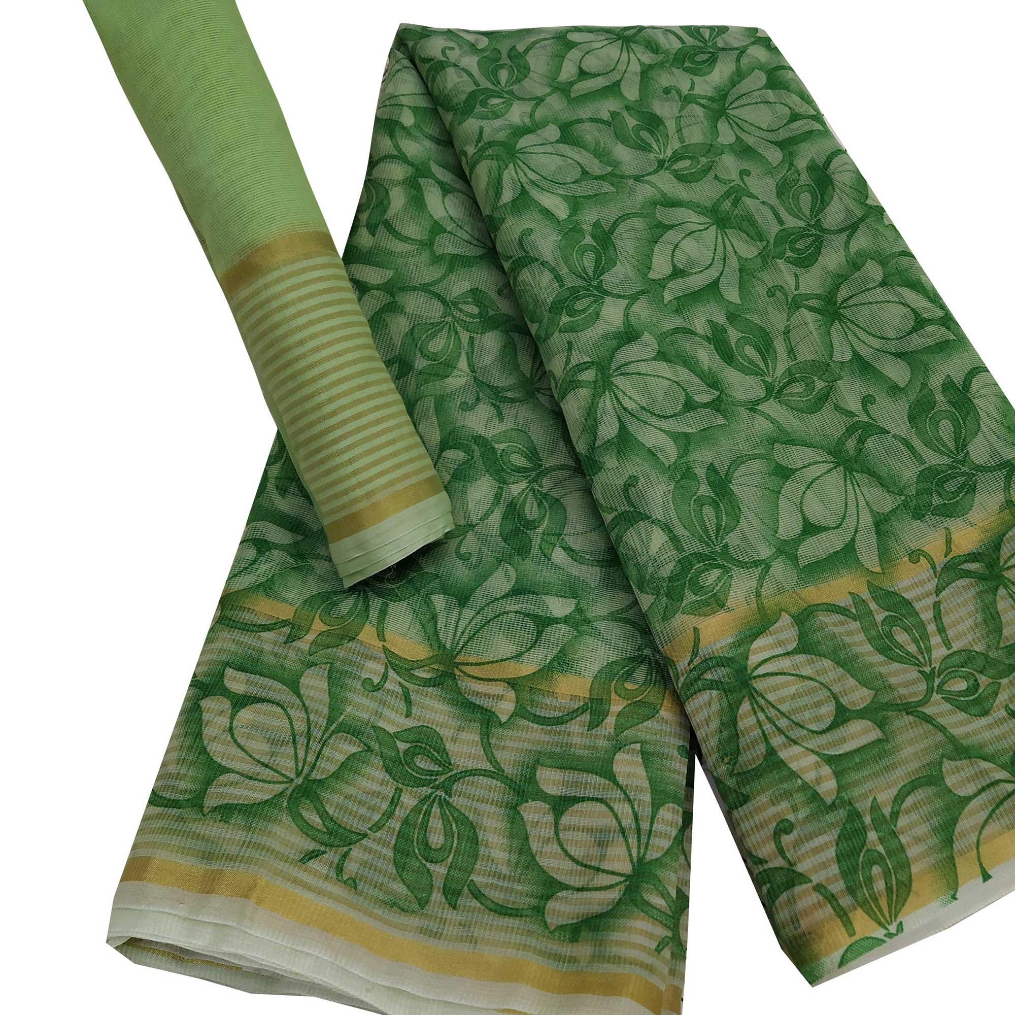Pretty Green Colored Casual Wear Floral Printed Net Saree - Peachmode