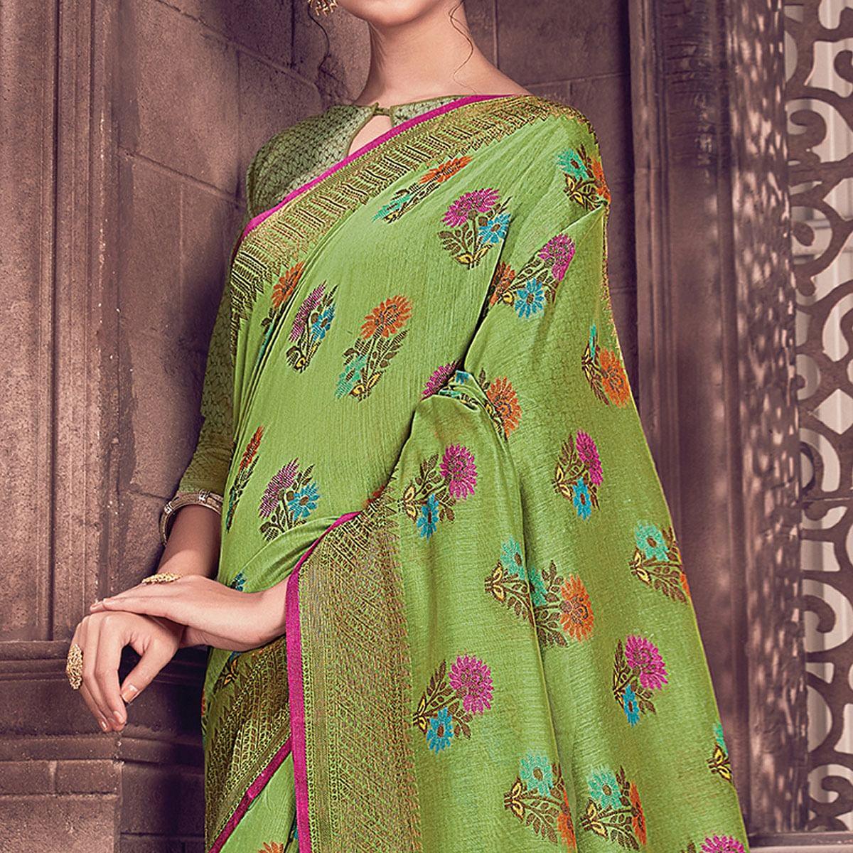 Pretty Green Colored Festive Wear Woven Handloom Silk Saree - Peachmode