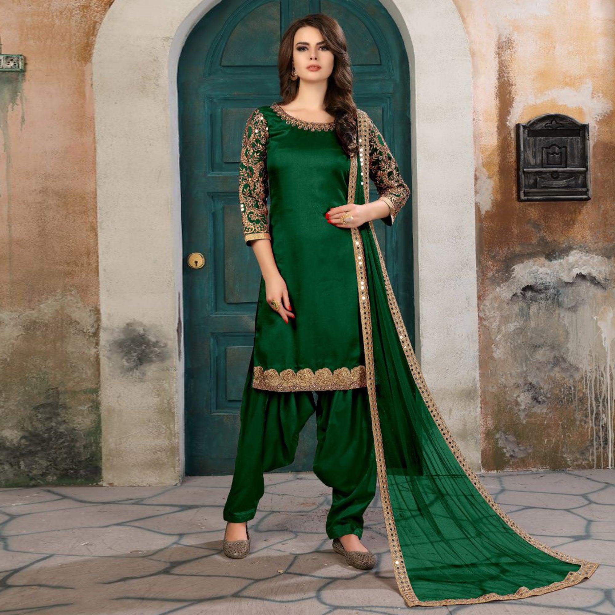 Pretty Green Colored Partywear Embroidered Art Silk Salwar Suit - Peachmode