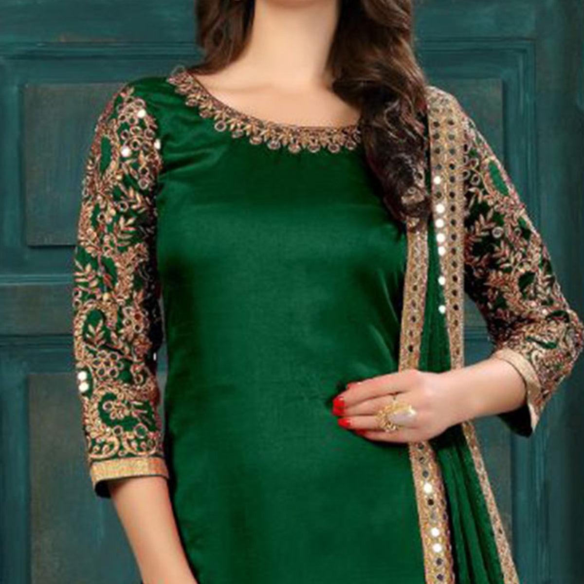 Pretty Green Colored Partywear Embroidered Art Silk Salwar Suit - Peachmode