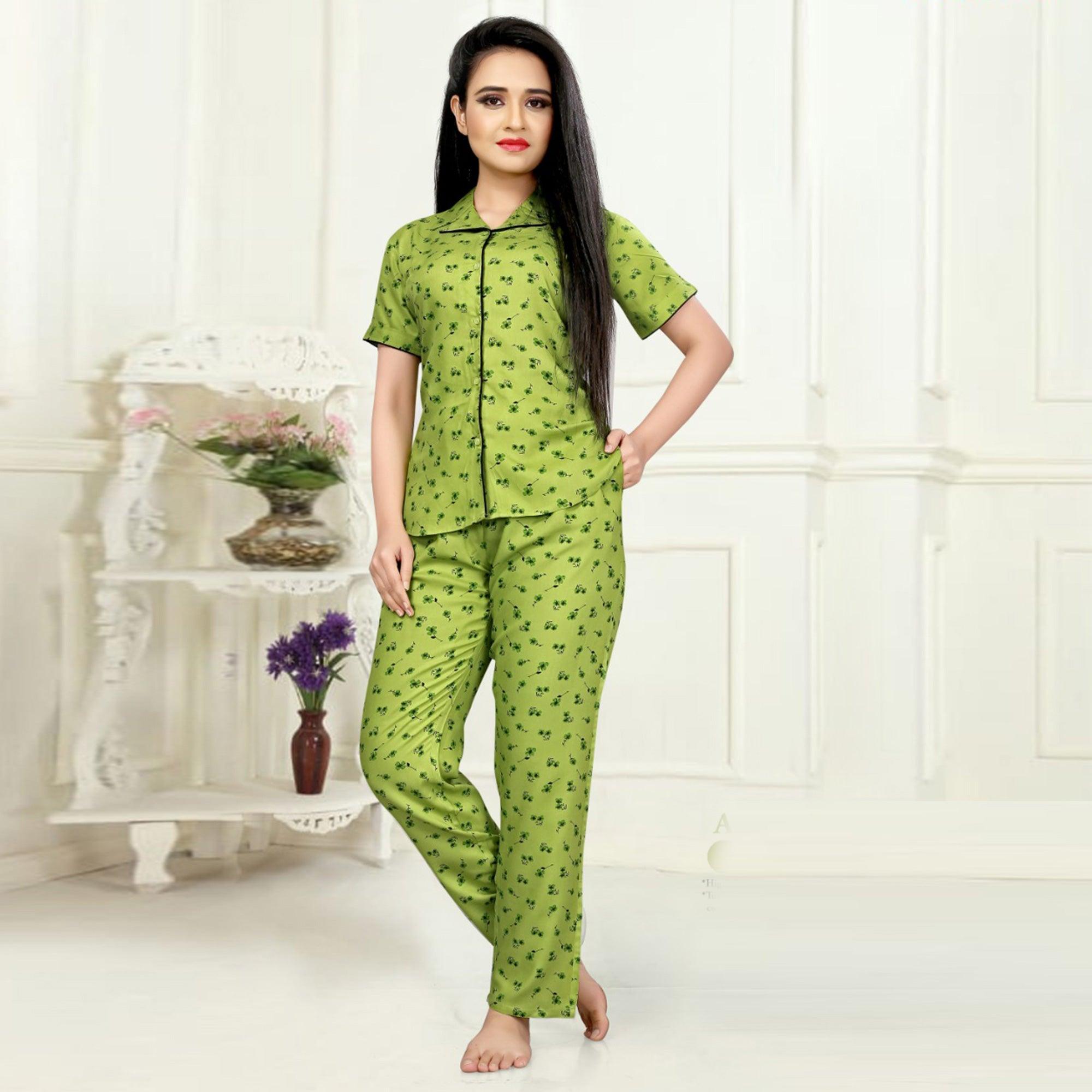 Pretty Green Colored Printed Cotton Rayon Night Suit - Peachmode