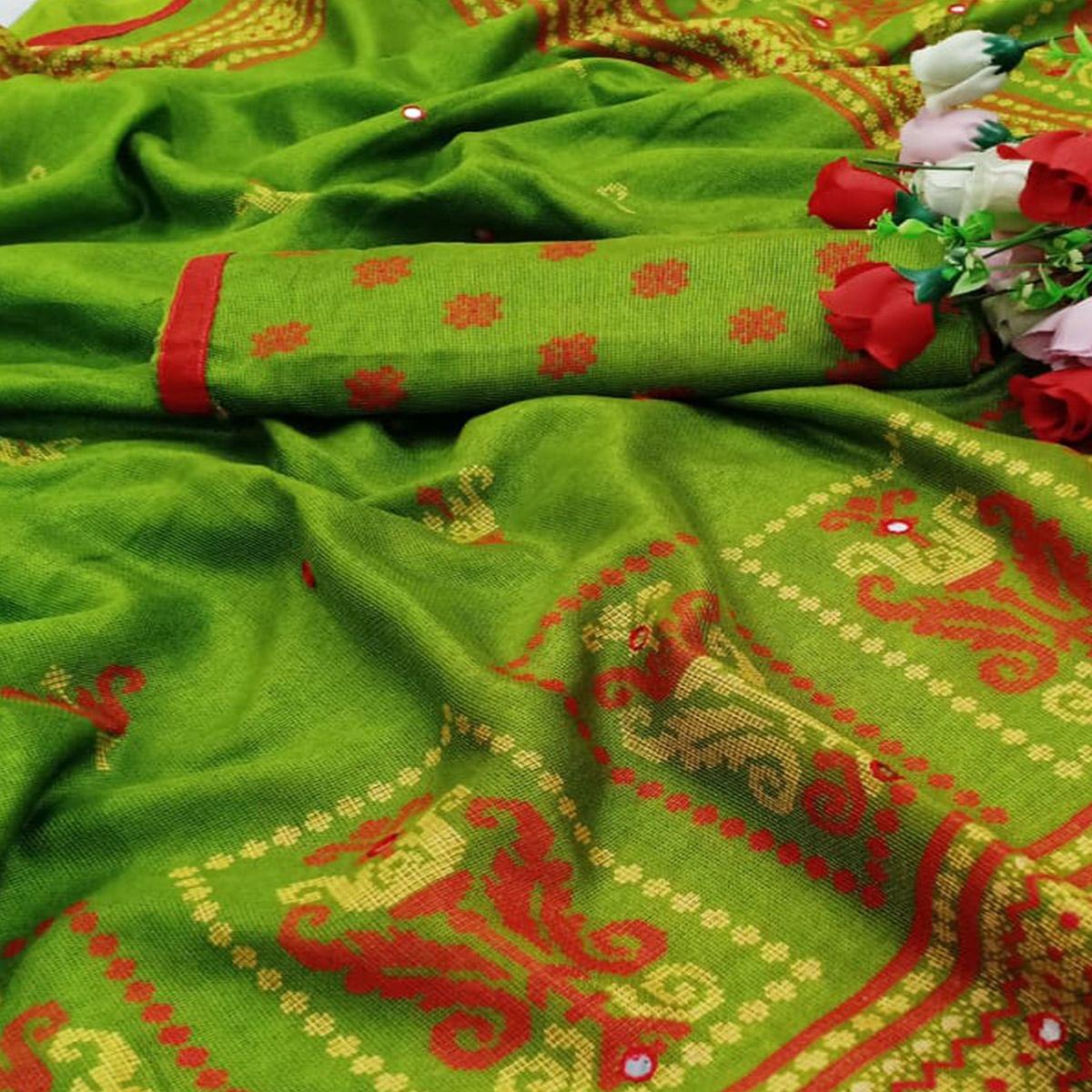 Pretty Green Coloured Festive Wear Printed Cotton Jute Saree - Peachmode
