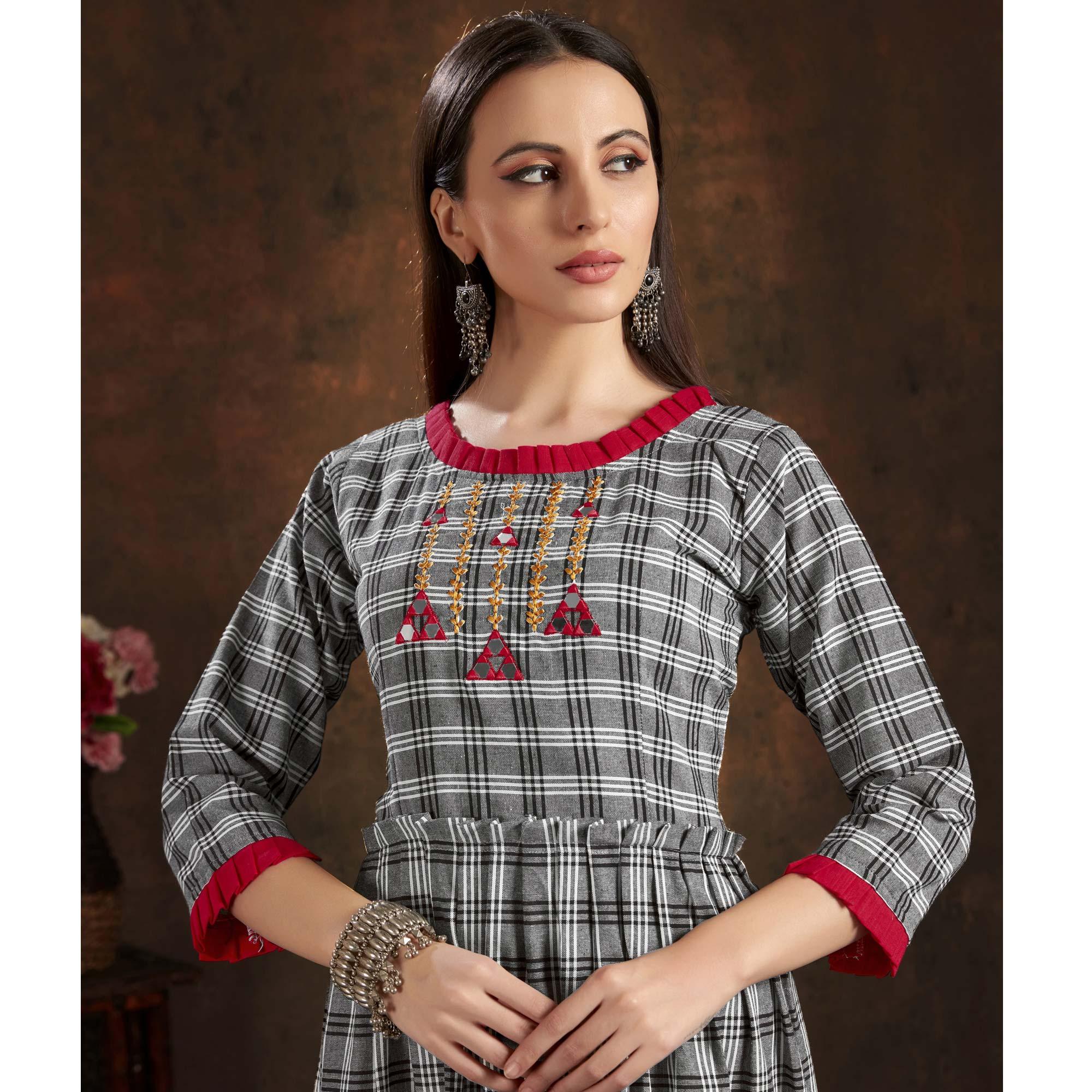 Pretty Grey Colored Casual Printed Hand Embroidered Hand Embroidered Pure Cotton Kurti - Peachmode