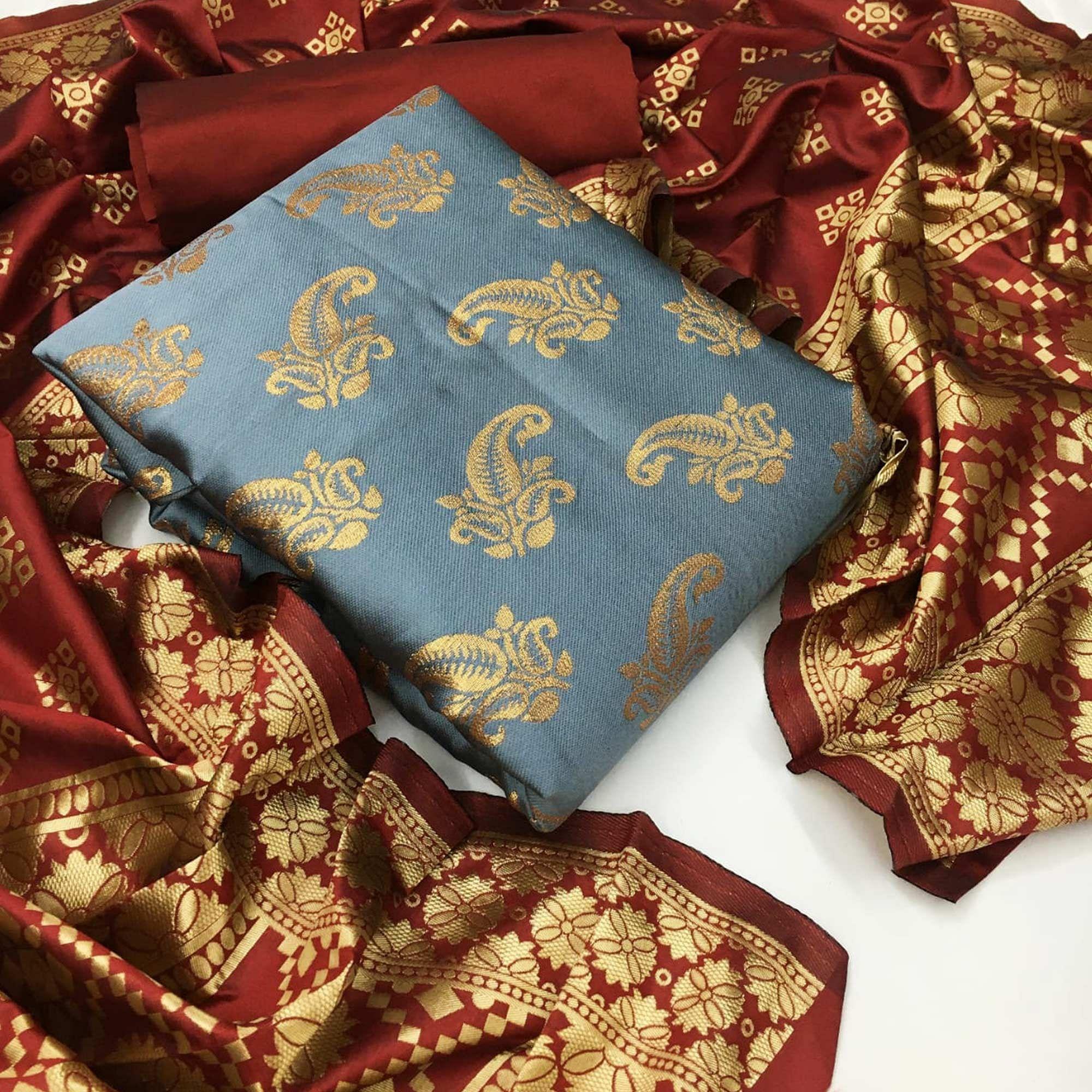 Pretty Grey Colored Casual Wear Woven Banarasi Silk Dress Material - Peachmode