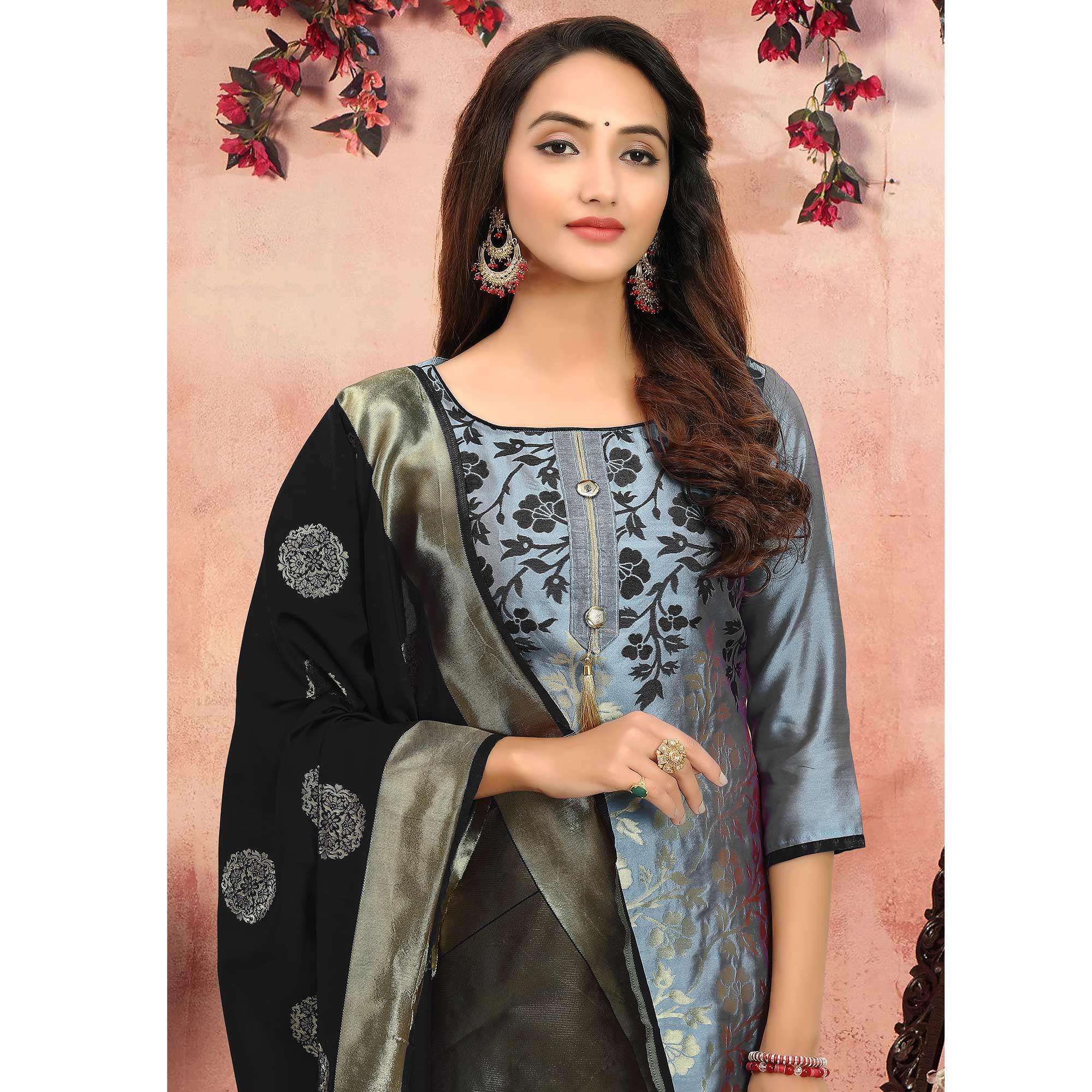 Pretty Grey Colored Festive Wear Woven Heavy Banarasi Silk Dress Material - Peachmode