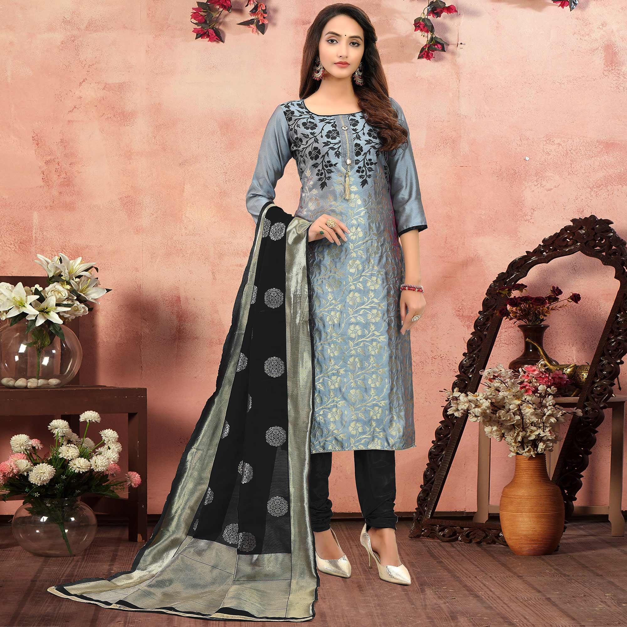 Pretty Grey Colored Festive Wear Woven Heavy Banarasi Silk Dress Material - Peachmode