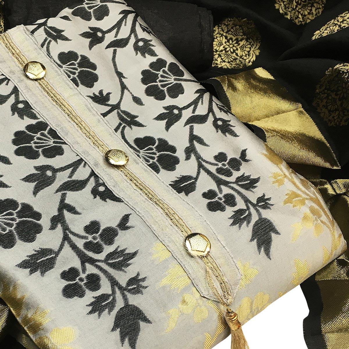 Pretty Grey Colored Festive Wear Woven Heavy Banarasi Silk Dress Material - Peachmode