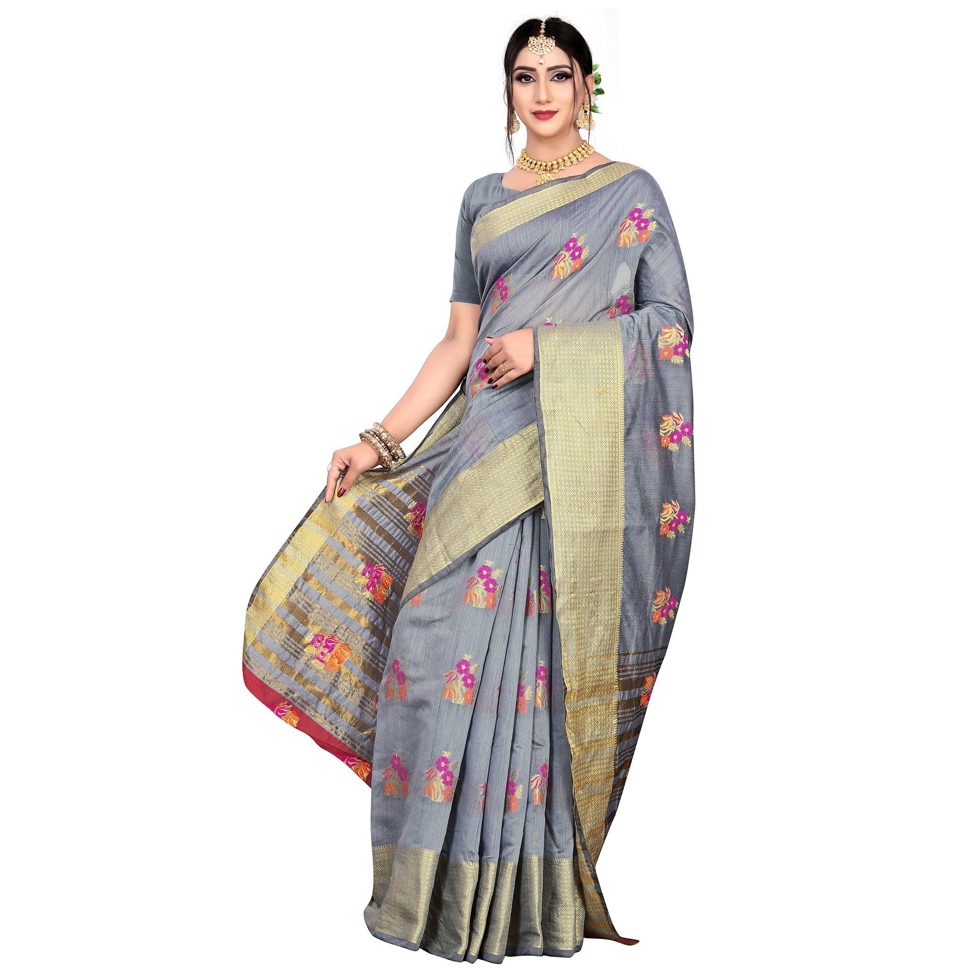 Pretty Grey Colored Festive Wear Woven Meenakari Butta Cotton Silk Saree - Peachmode