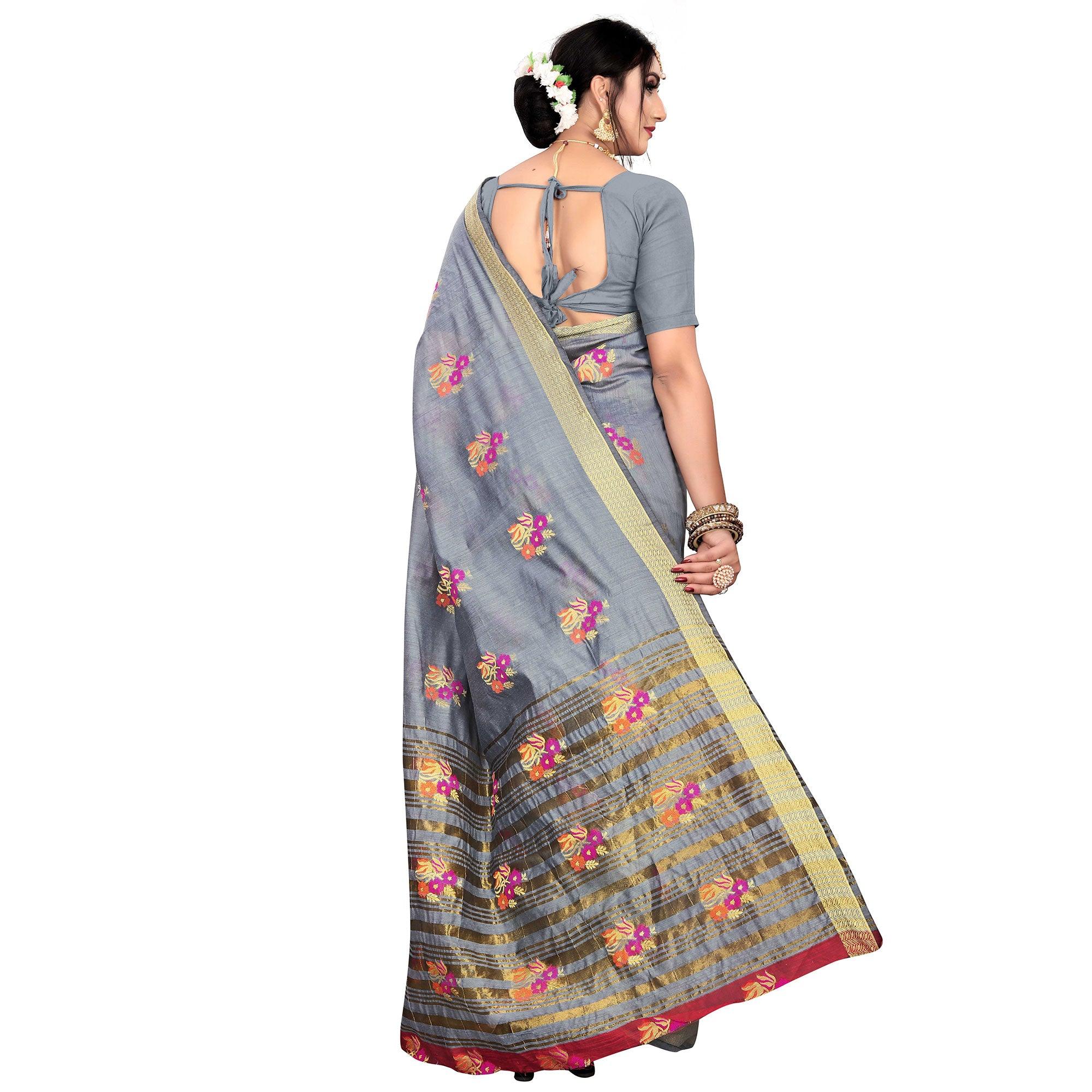 Pretty Grey Colored Festive Wear Woven Meenakari Butta Cotton Silk Saree - Peachmode
