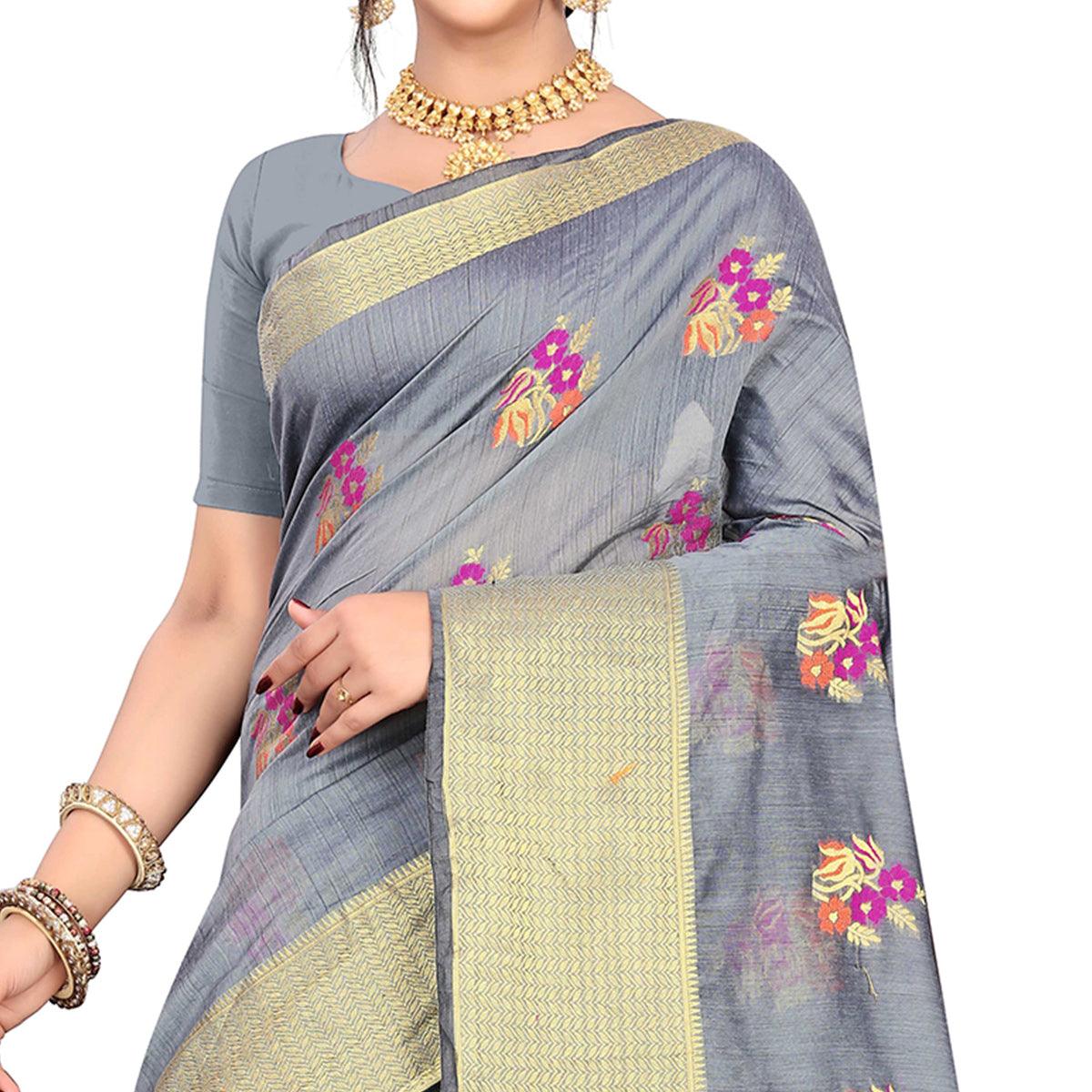 Pretty Grey Colored Festive Wear Woven Meenakari Butta Cotton Silk Saree - Peachmode