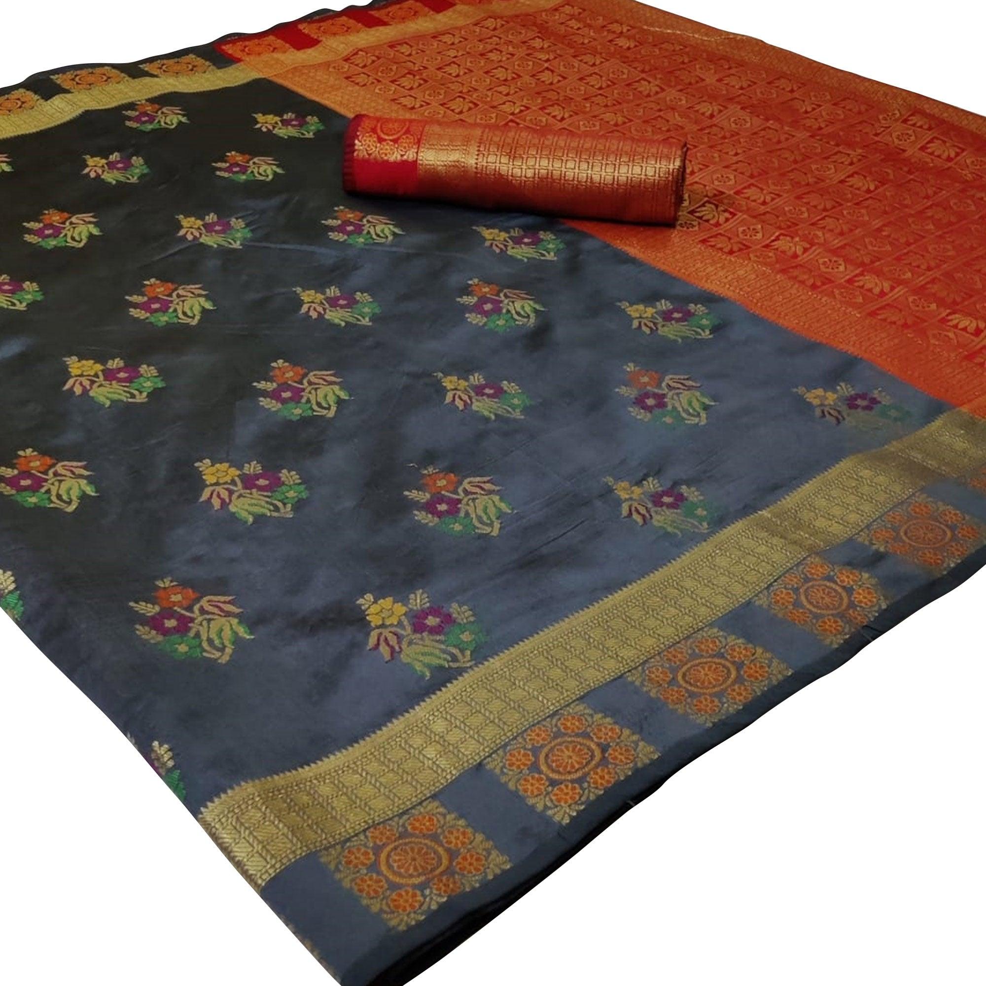 Pretty Grey Colored Festive Wear Woven Silk Saree - Peachmode