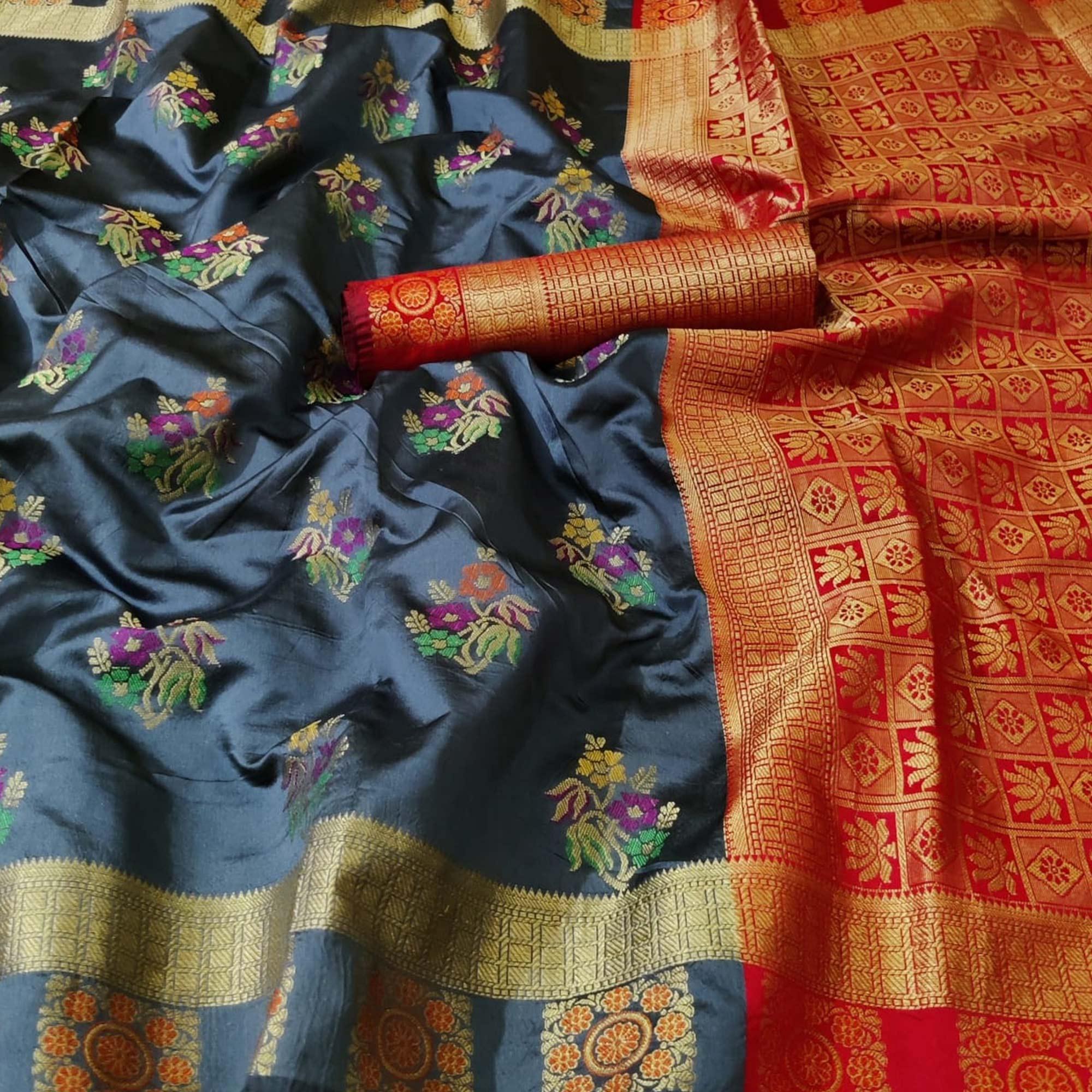 Pretty Grey Colored Festive Wear Woven Silk Saree - Peachmode