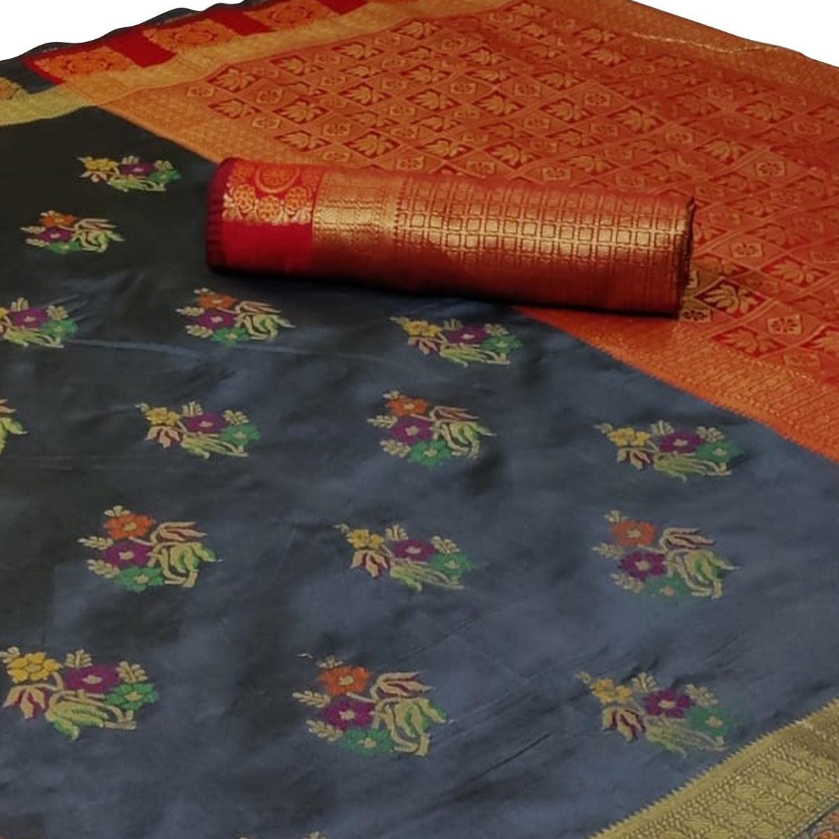 Pretty Grey Colored Festive Wear Woven Silk Saree - Peachmode