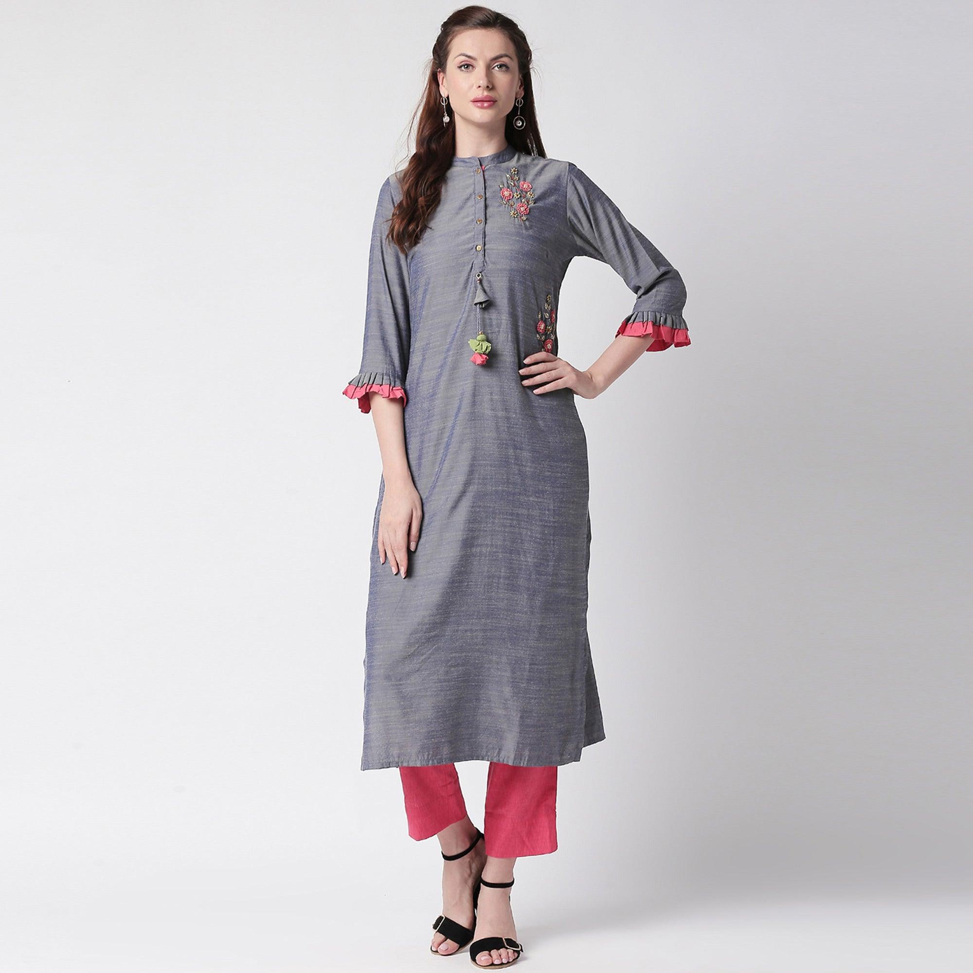 Casual Office Wear Designer Hand Work Grey Colour Kurti In Galaxi Cotton  Fabric - KSM PRINTS - 4004209