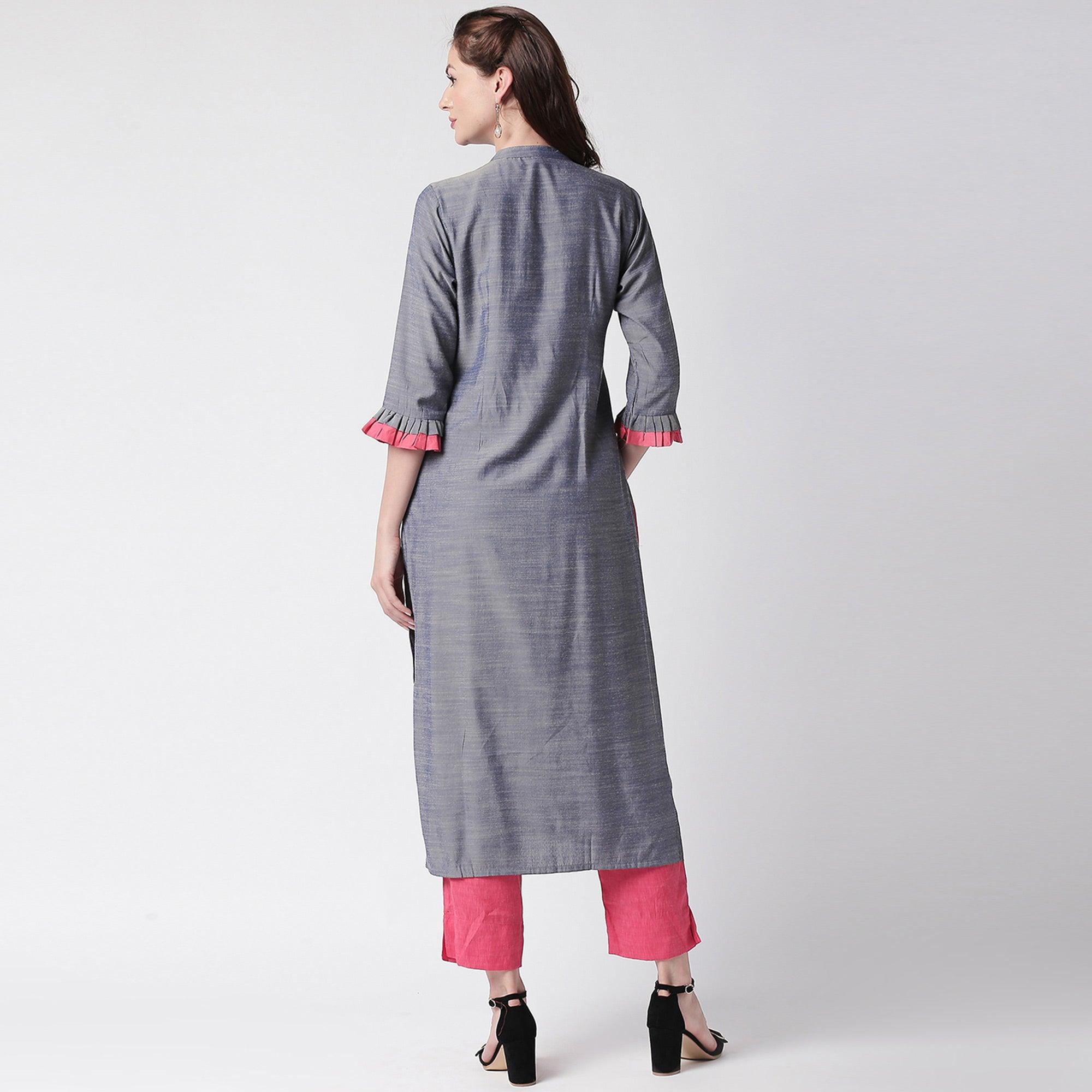 Pretty Grey Colored Partywear Embroidered Cotton Kurti-Pant Set - Peachmode