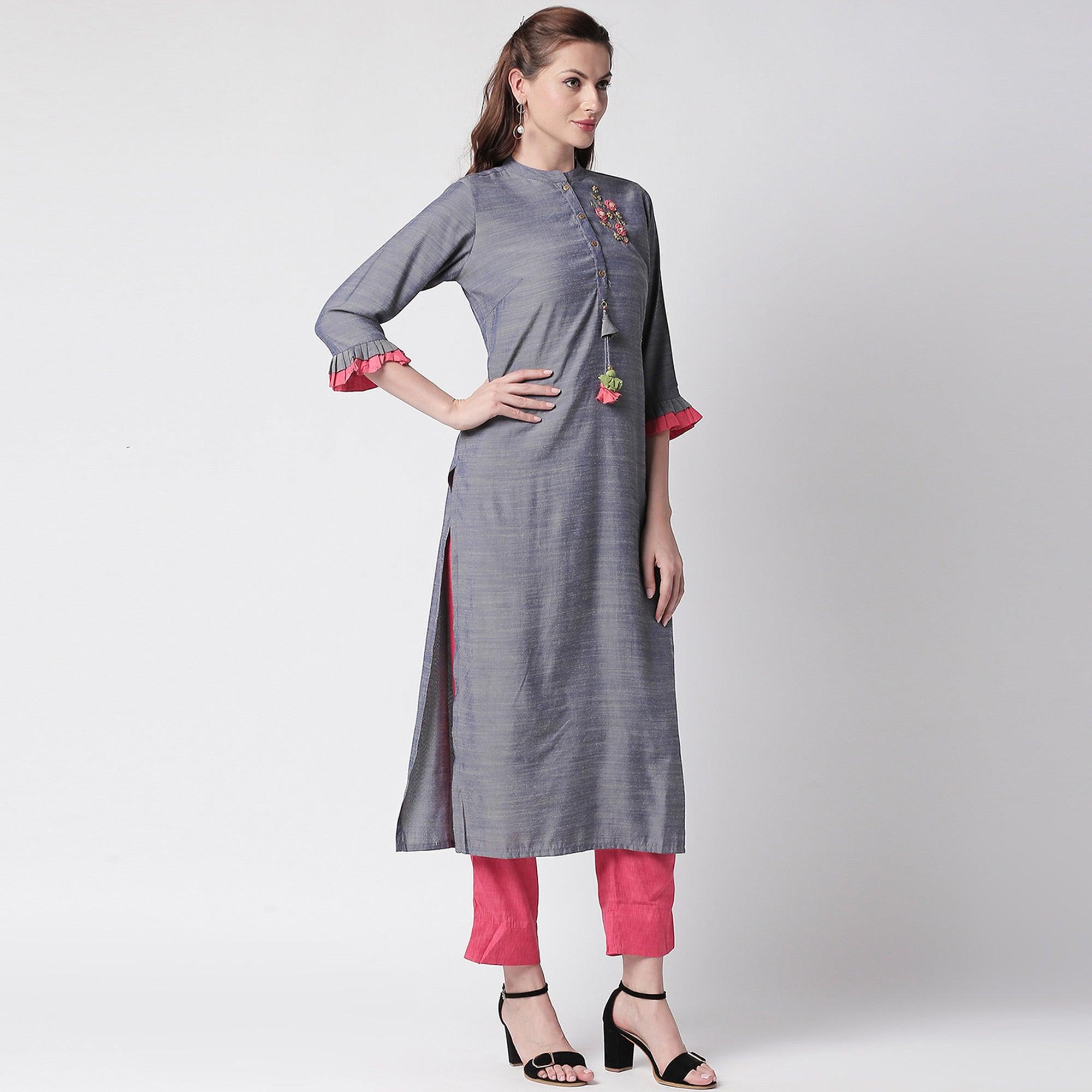 Pretty Grey Colored Partywear Embroidered Cotton Kurti-Pant Set - Peachmode