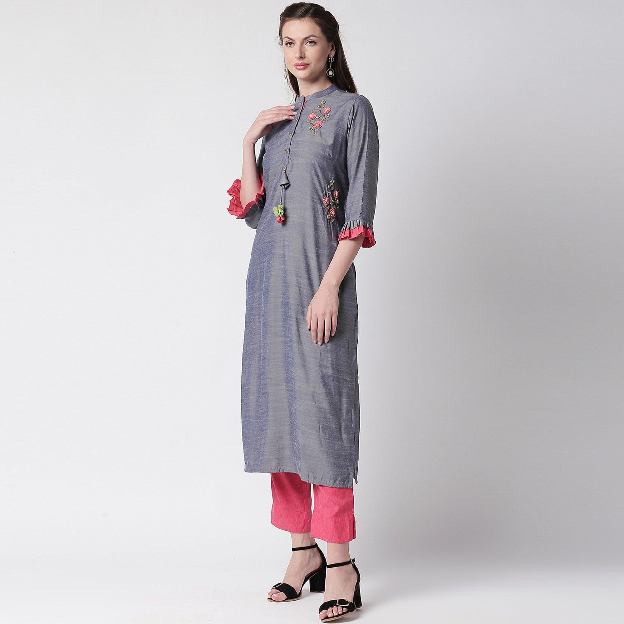 Pretty Grey Colored Partywear Embroidered Cotton Kurti-Pant Set - Peachmode